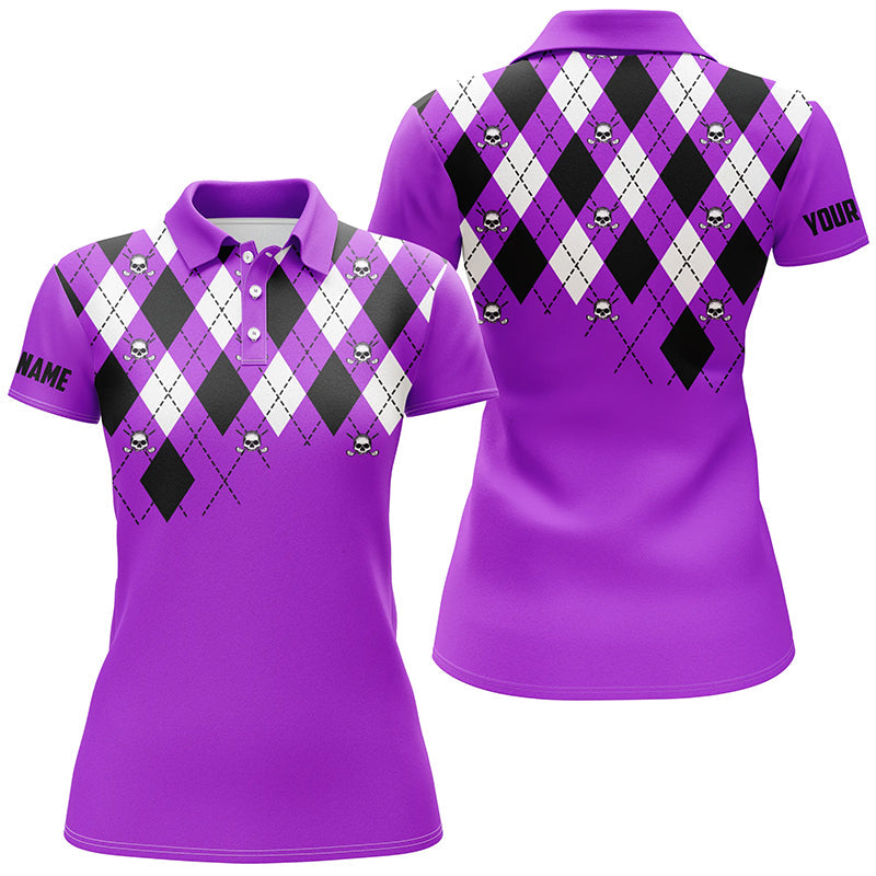 Women's Purple Argyle Plaid Golf Polo Shirt with Skull Pattern Custo