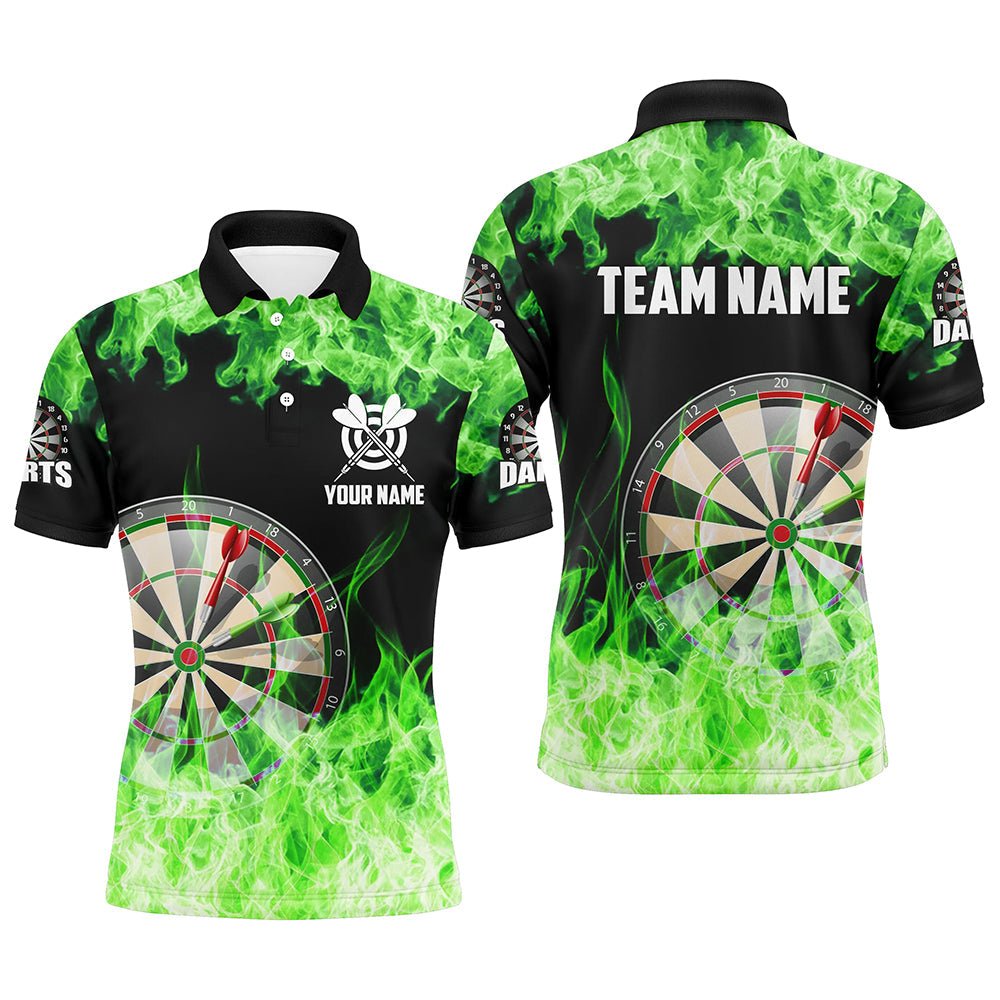 Customised Men's Dart Polo Shirts with Green Fire Flames Design Pers