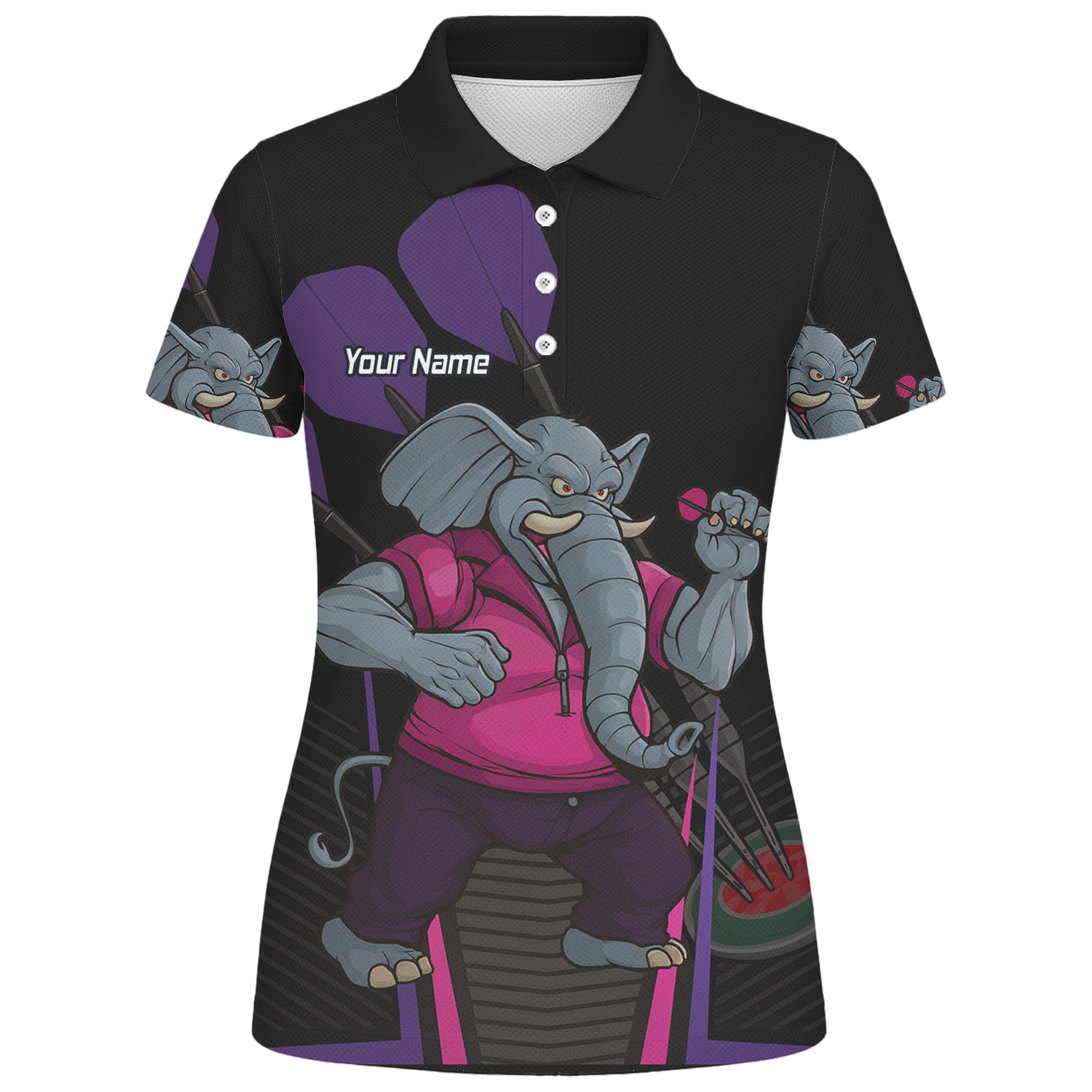 Personalised Furious Elephant Darts Polo Shirt Black Pink Purple For Men V0082 additional image 1