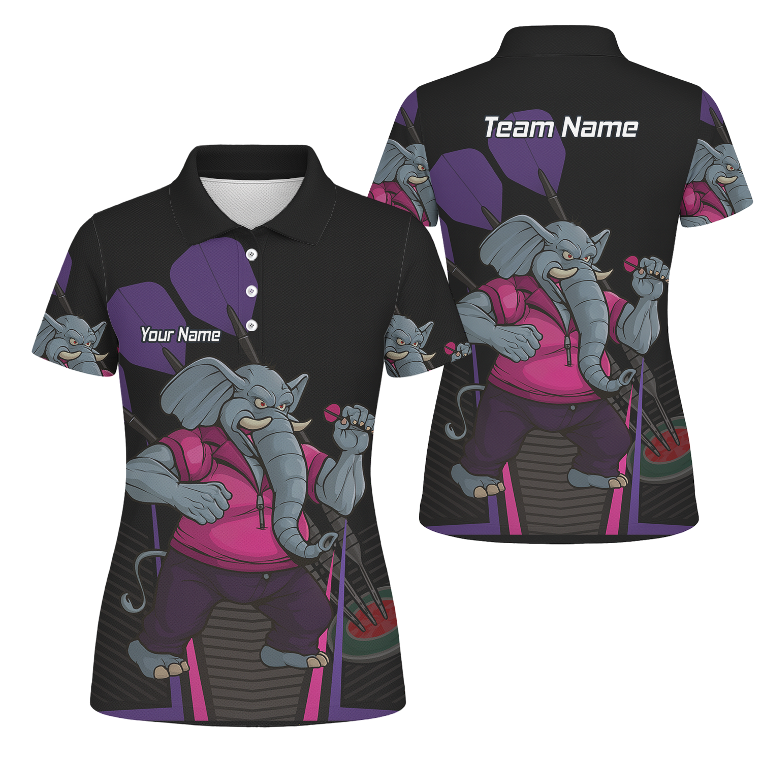 Personalised Furious Elephant Darts Polo Shirt Black Pink Purple For Men V0082 main image - polo No
