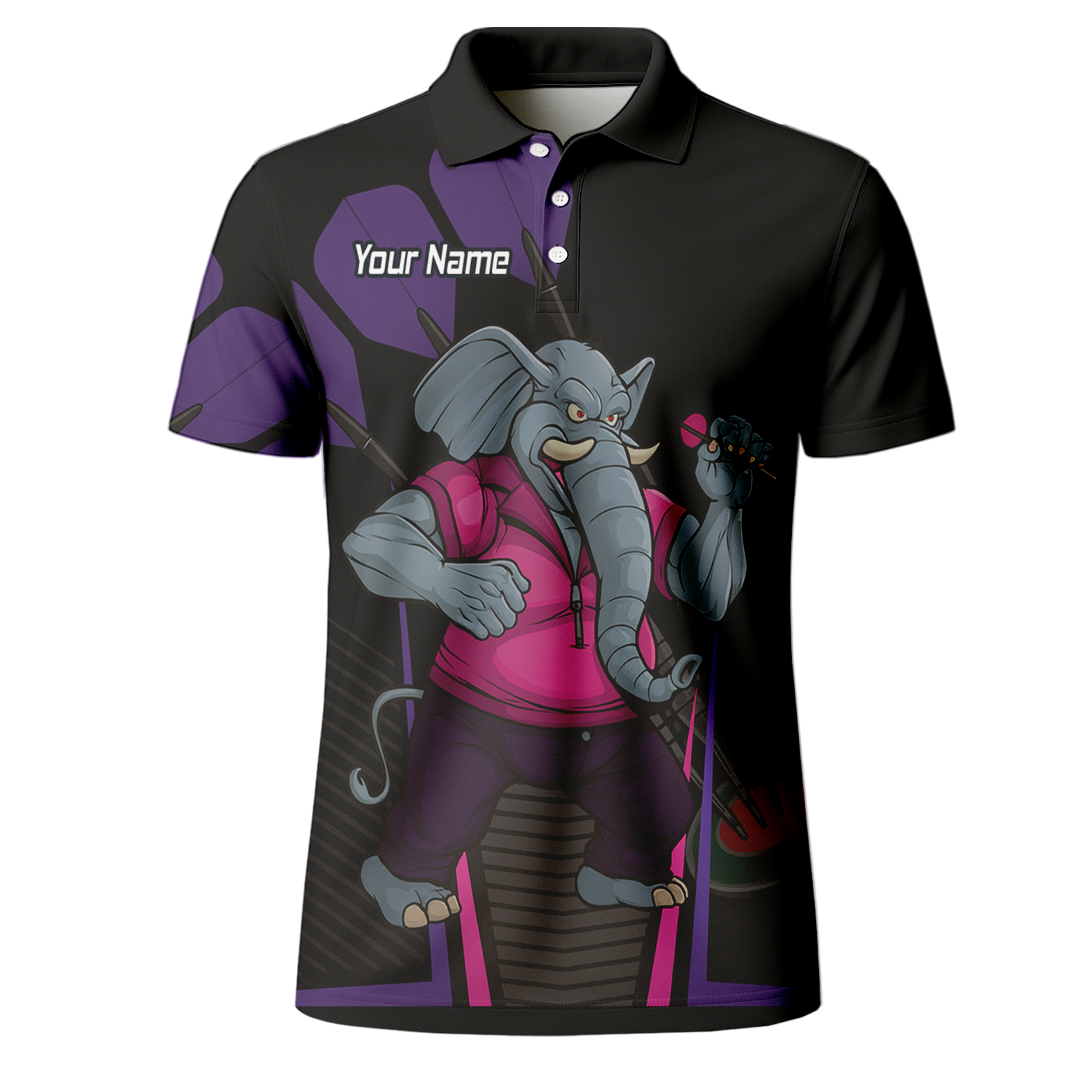 Personalised Furious Elephant Darts Polo Shirt Black Pink Purple For Men V0082 additional image 2