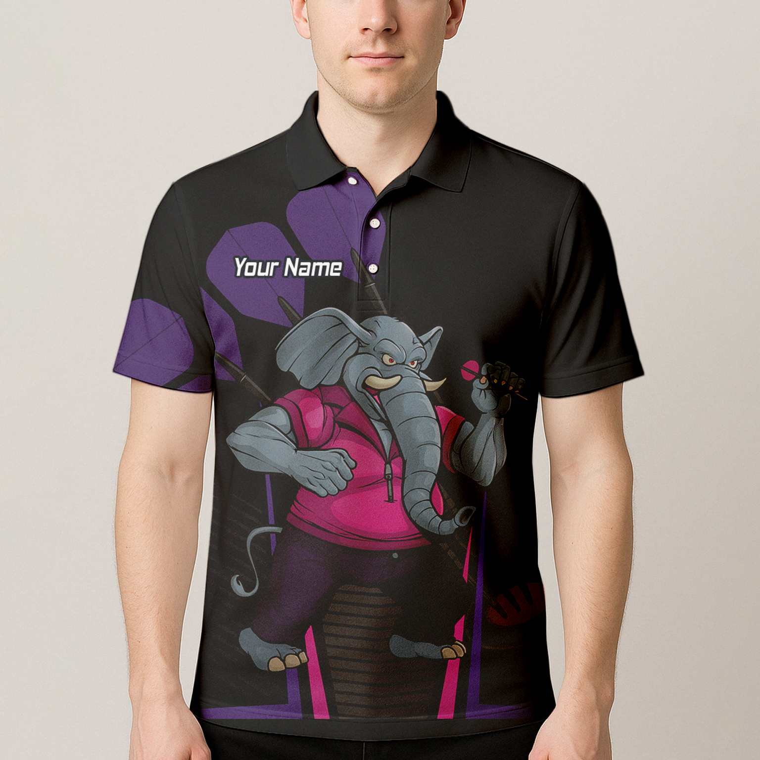 Personalised Furious Elephant Darts Polo Shirt Black Pink Purple For Men V0082 additional image 4