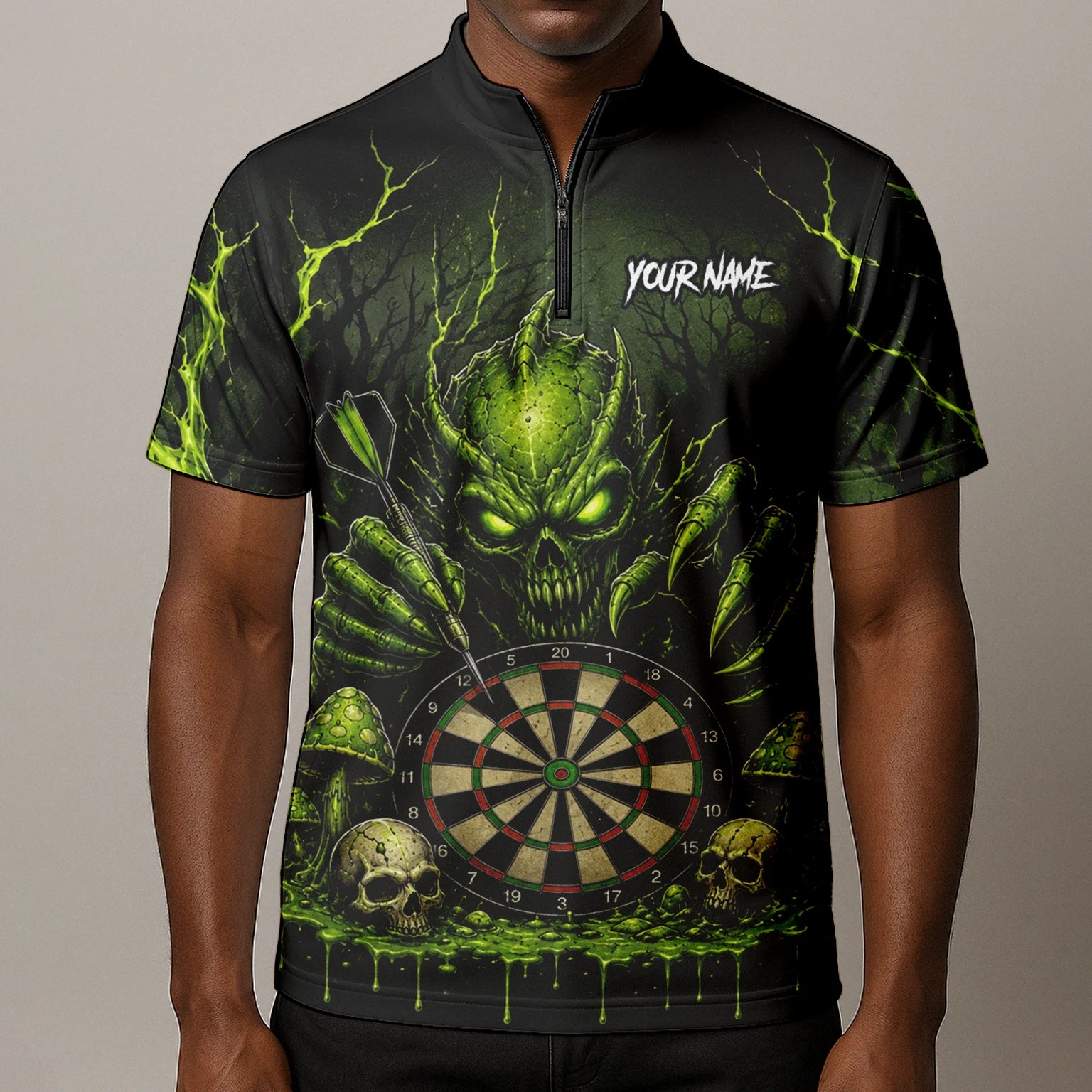 Personalised Black Green Monster Skull Dartboard Darts Shirt For Men A277