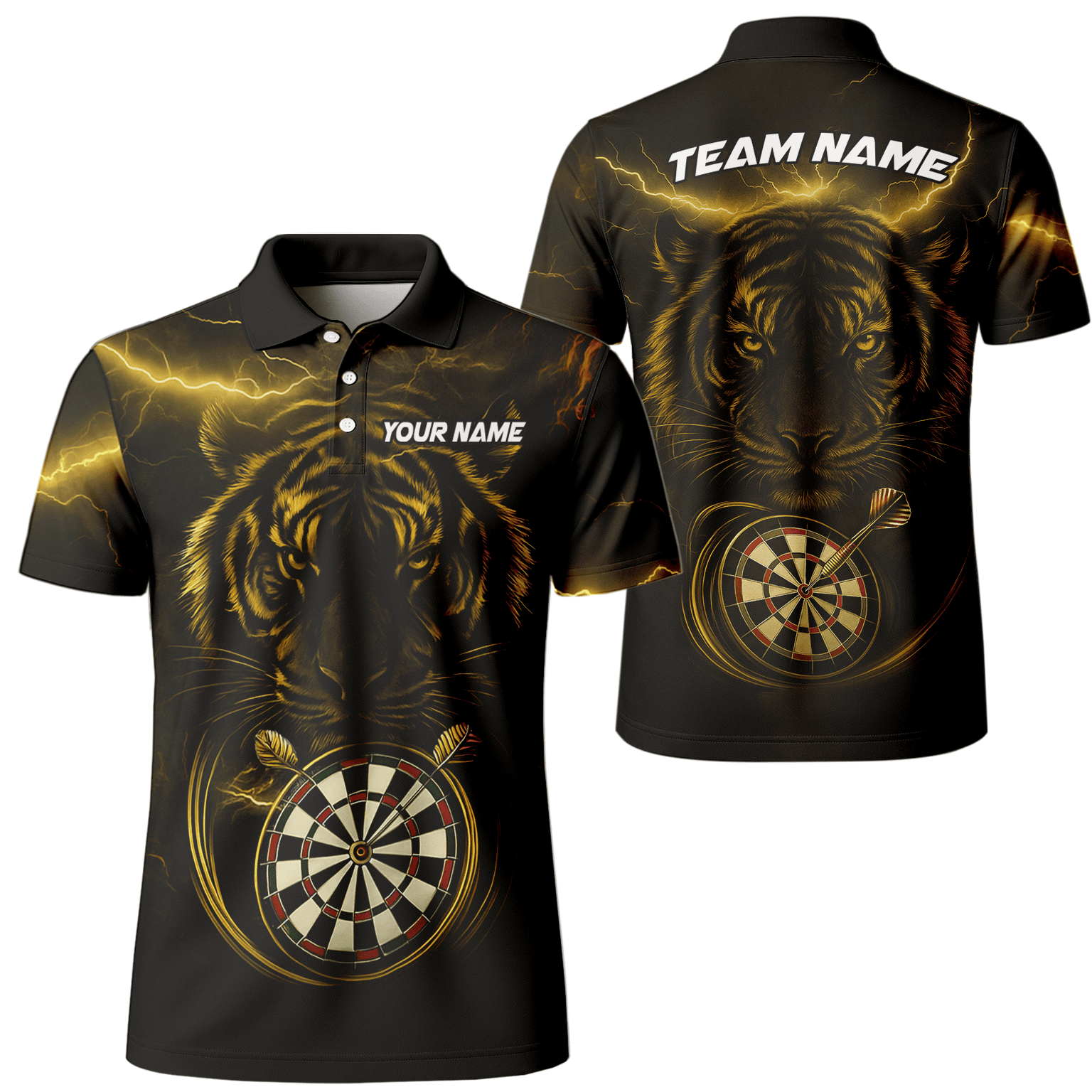 Personalized Gold Lightning Tiger Dart Polo Shirt Black for Men N4631 main image - polo No