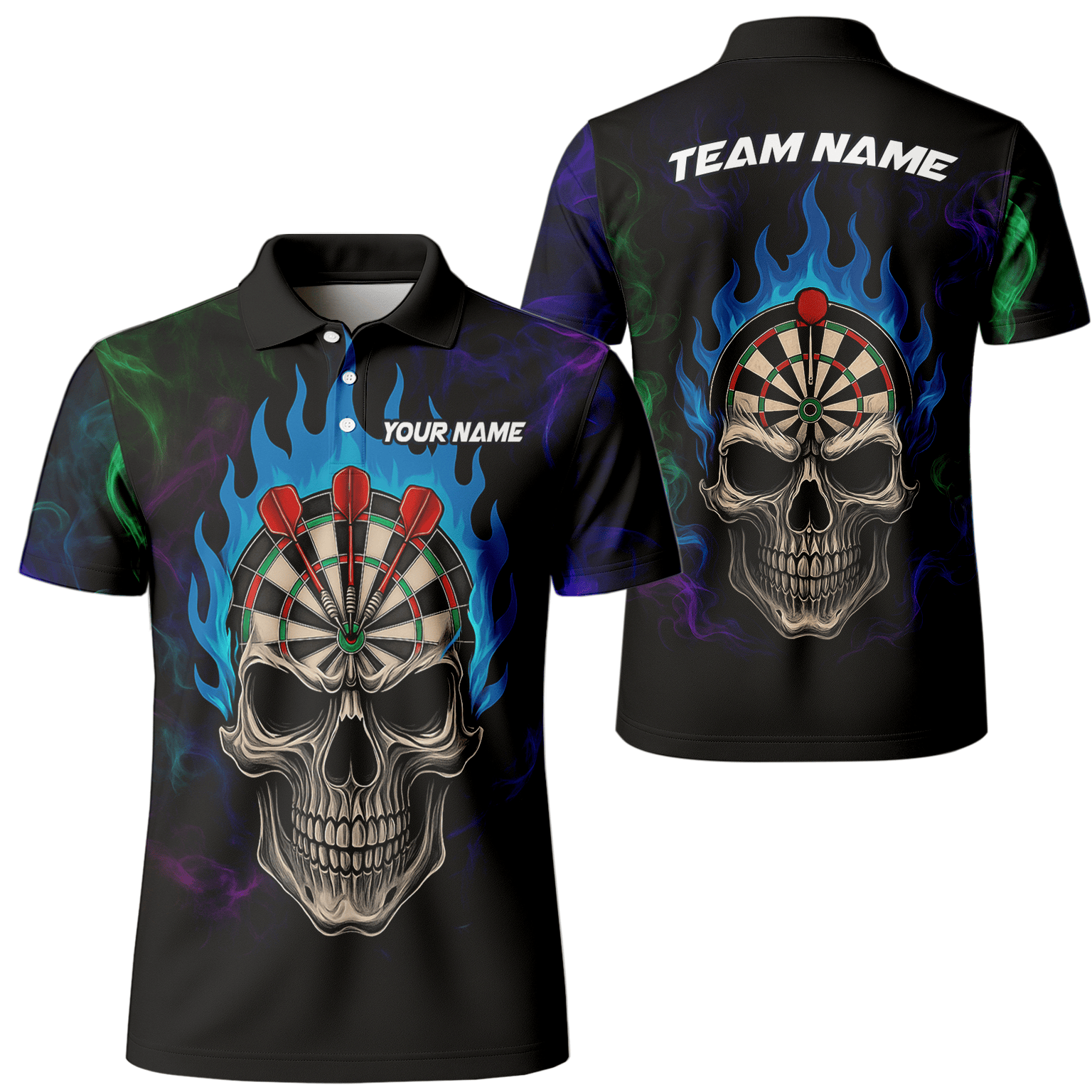 Personalized Black Skull Darts Polo Shirt Blue Flame For Men W9405 main image - polo No