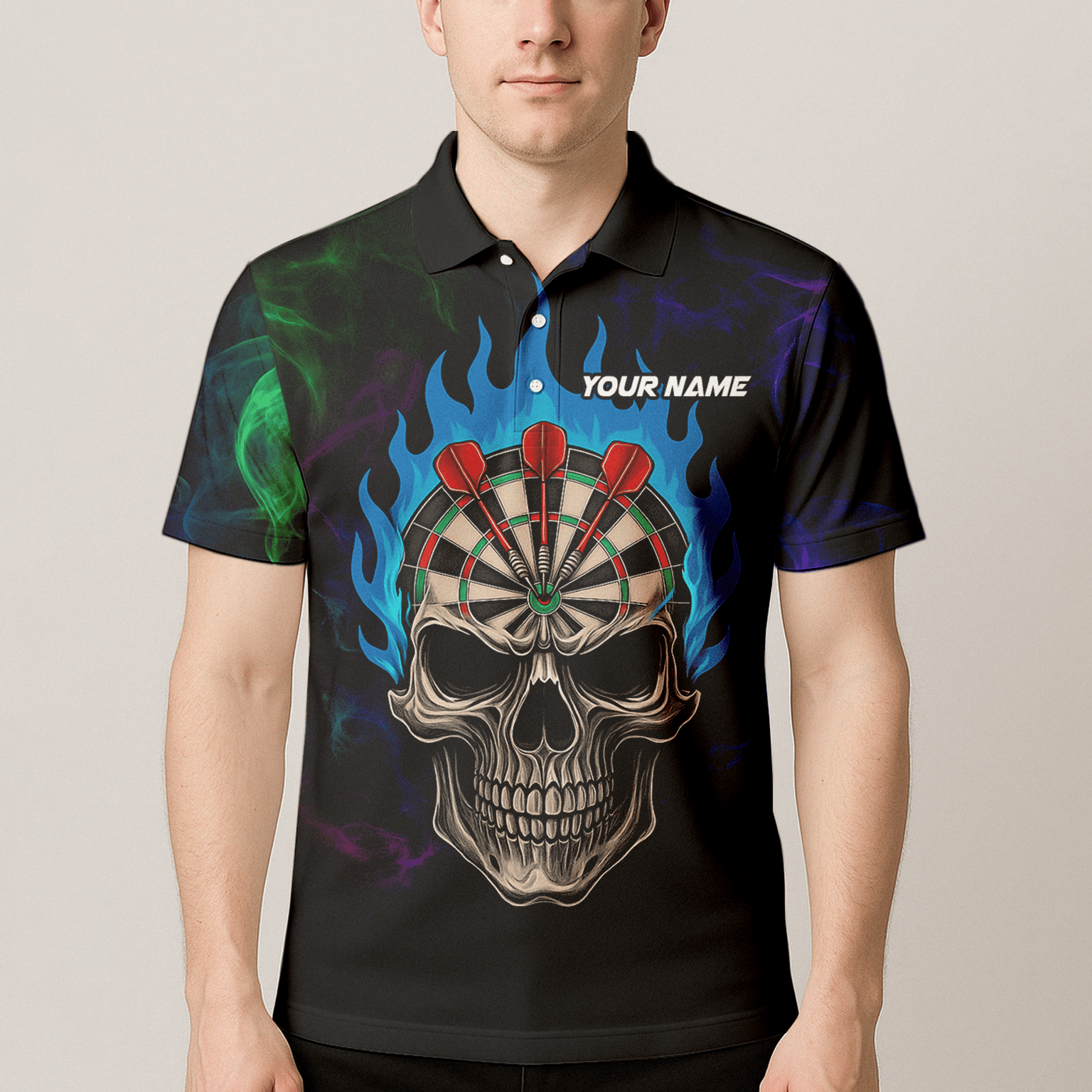 Personalized Black Skull Darts Polo Shirt Blue Flame For Men W9405 additional image 4
