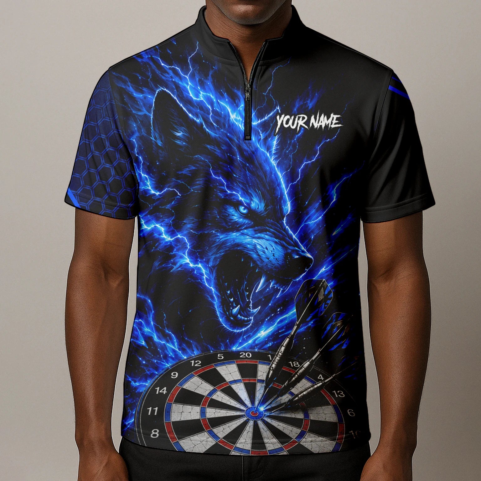 Personalised Black & Blue Wolf Lightning Darts Shirt For Men Y375