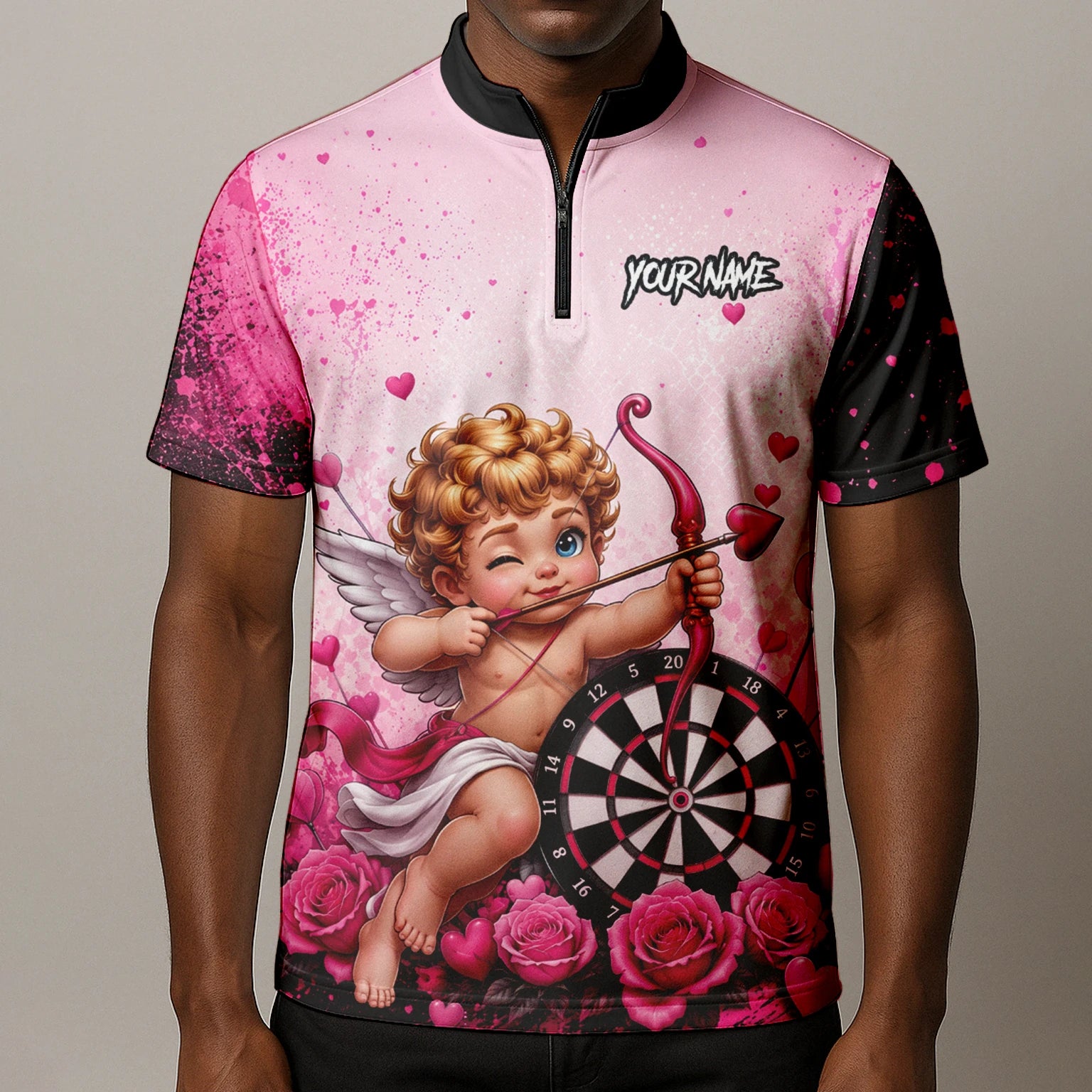 Personalised Pink & Black Cupid Dartboard Darts Shirt For Men I643