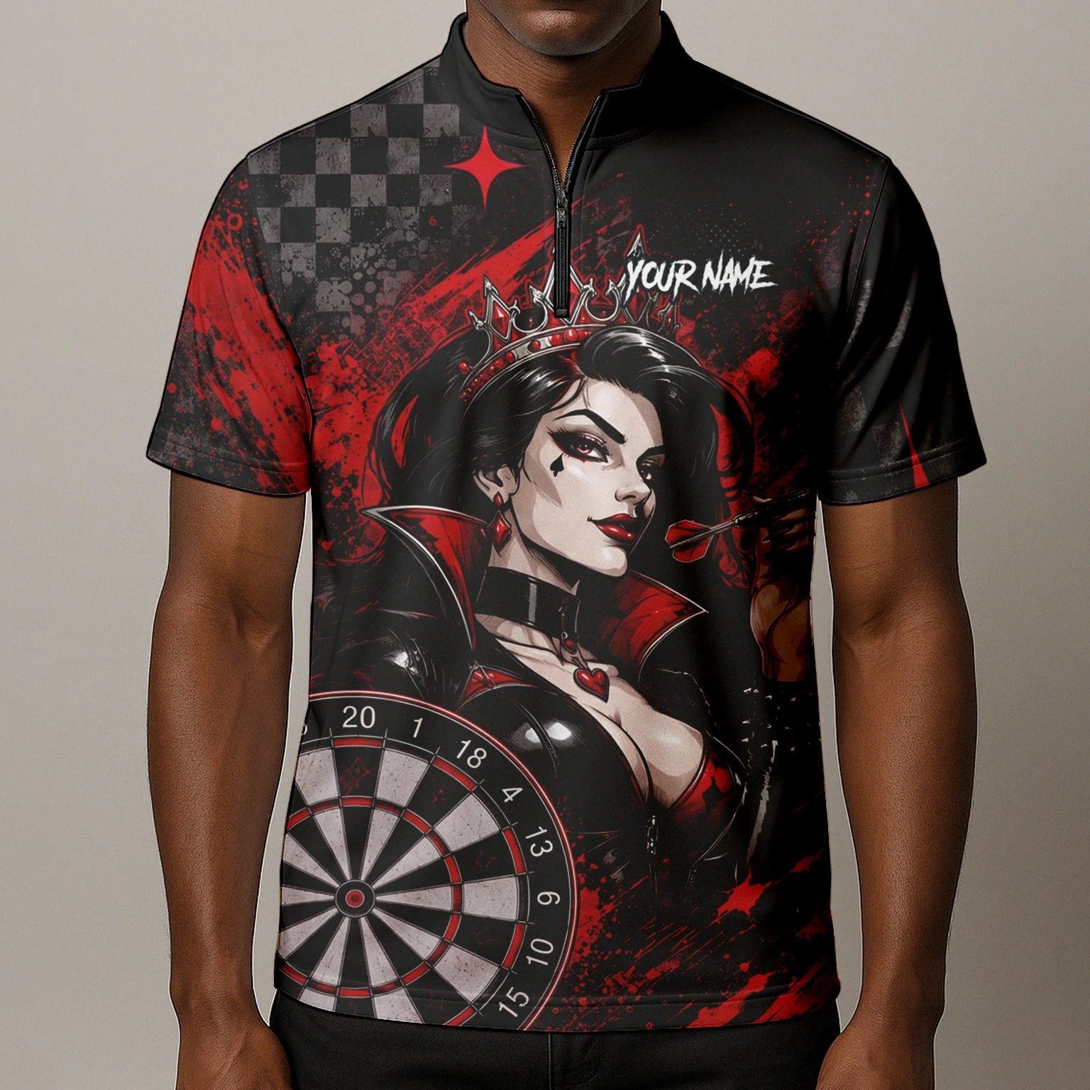 Personalised Black & Red Queen of Hearts Darts Shirt For Men R803