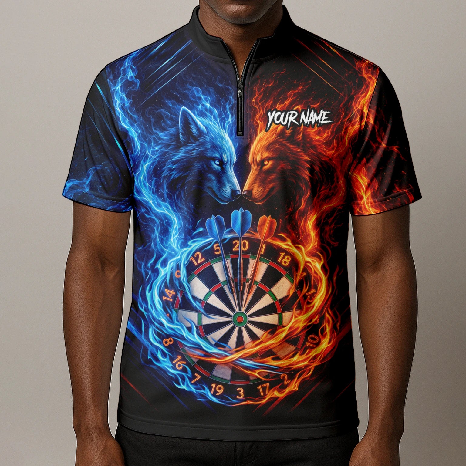 Personalised Blue & Orange Wolf Flame Dartboard Darts Shirt For Men A749