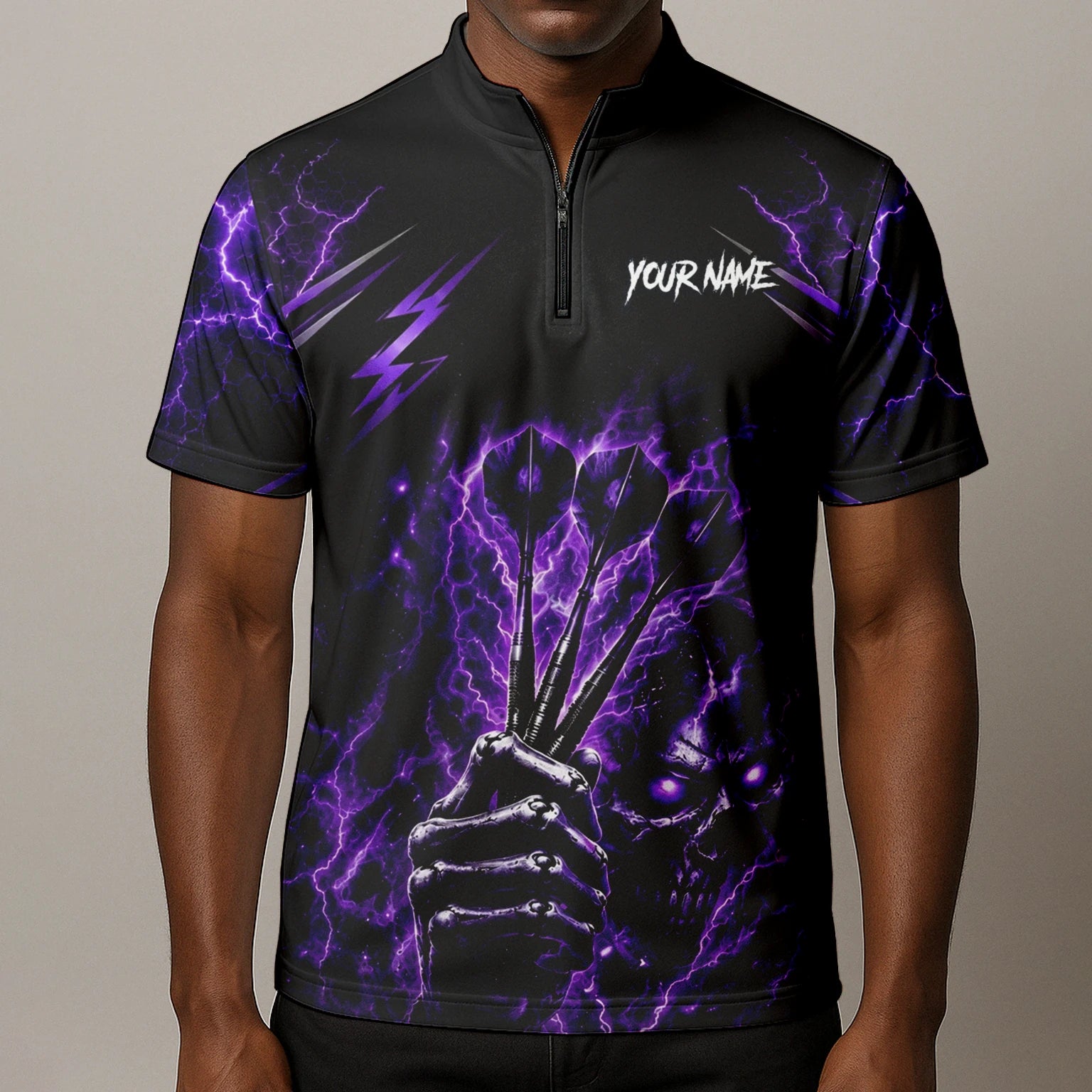Personalised Black & Purple Lightning Skeleton Hand Darts Shirt For Men H822