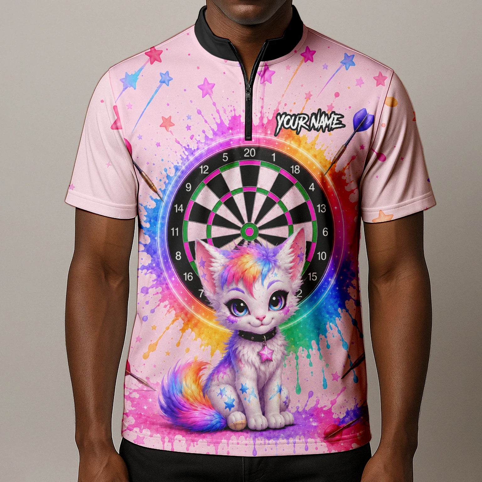 Personalised Pink Rainbow Kitten Dartboard Darts Shirt For Men X398