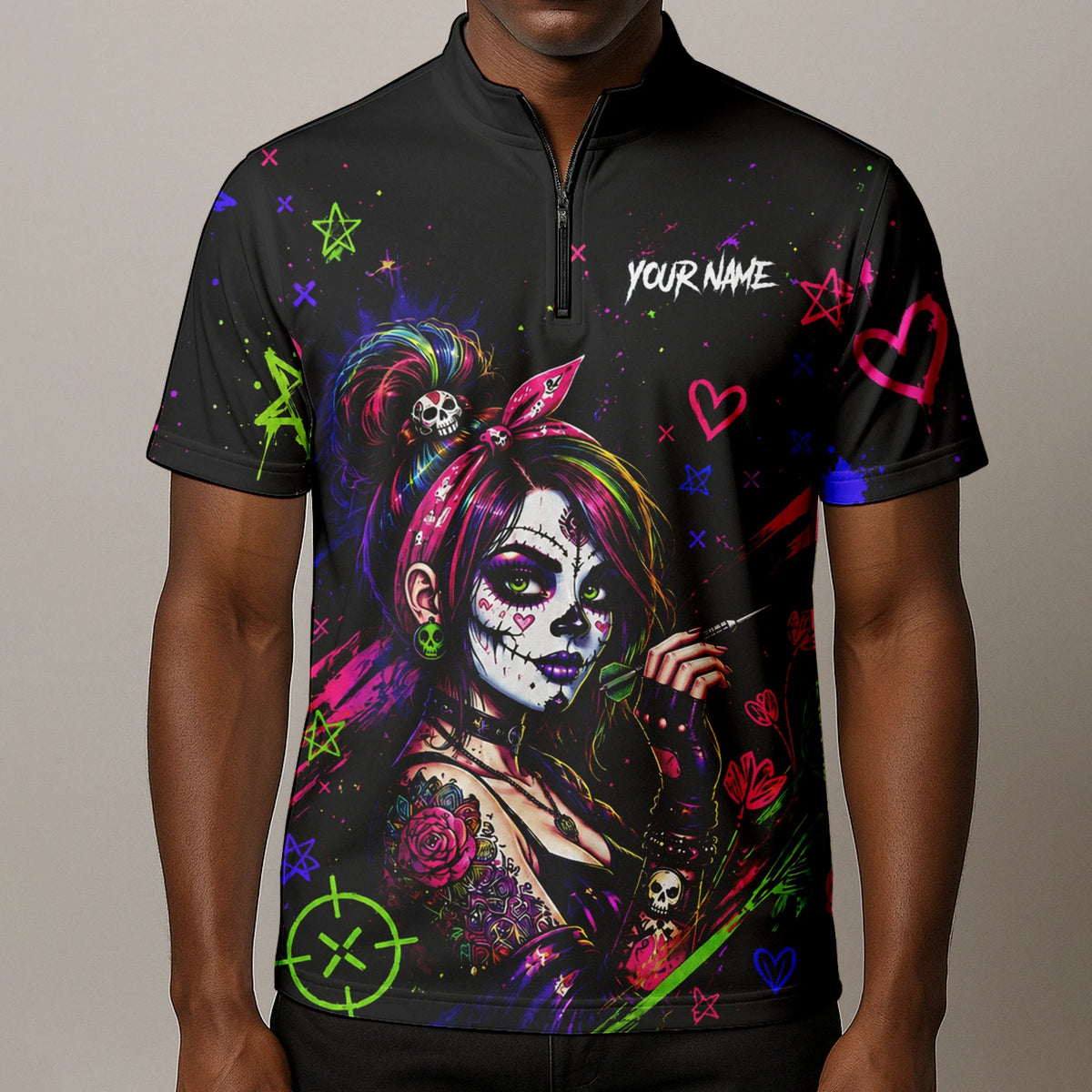 Personalised Black Neon Sugar Skull Woman Darts Shirt For Men K745