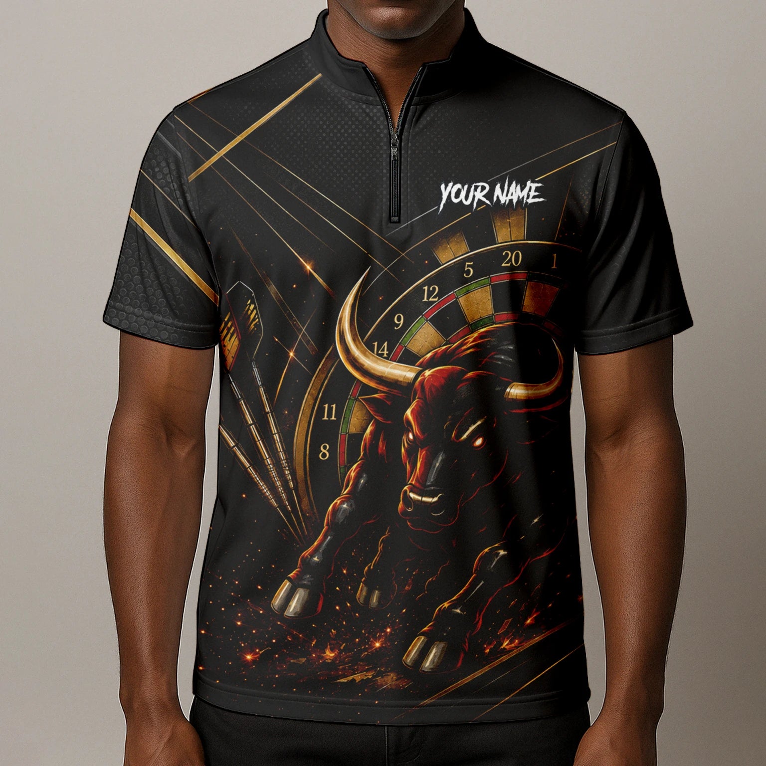 Personalised Black & Gold Bull Darts Polo Shirt For Men K607