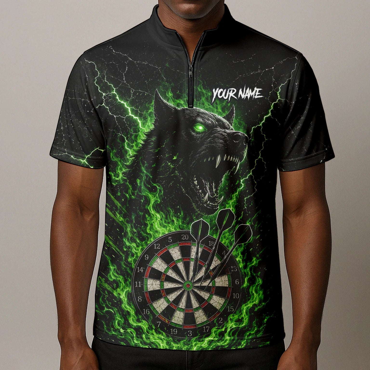 Personalised Black & Green Wolf Dartboard Darts Shirt For Men F303