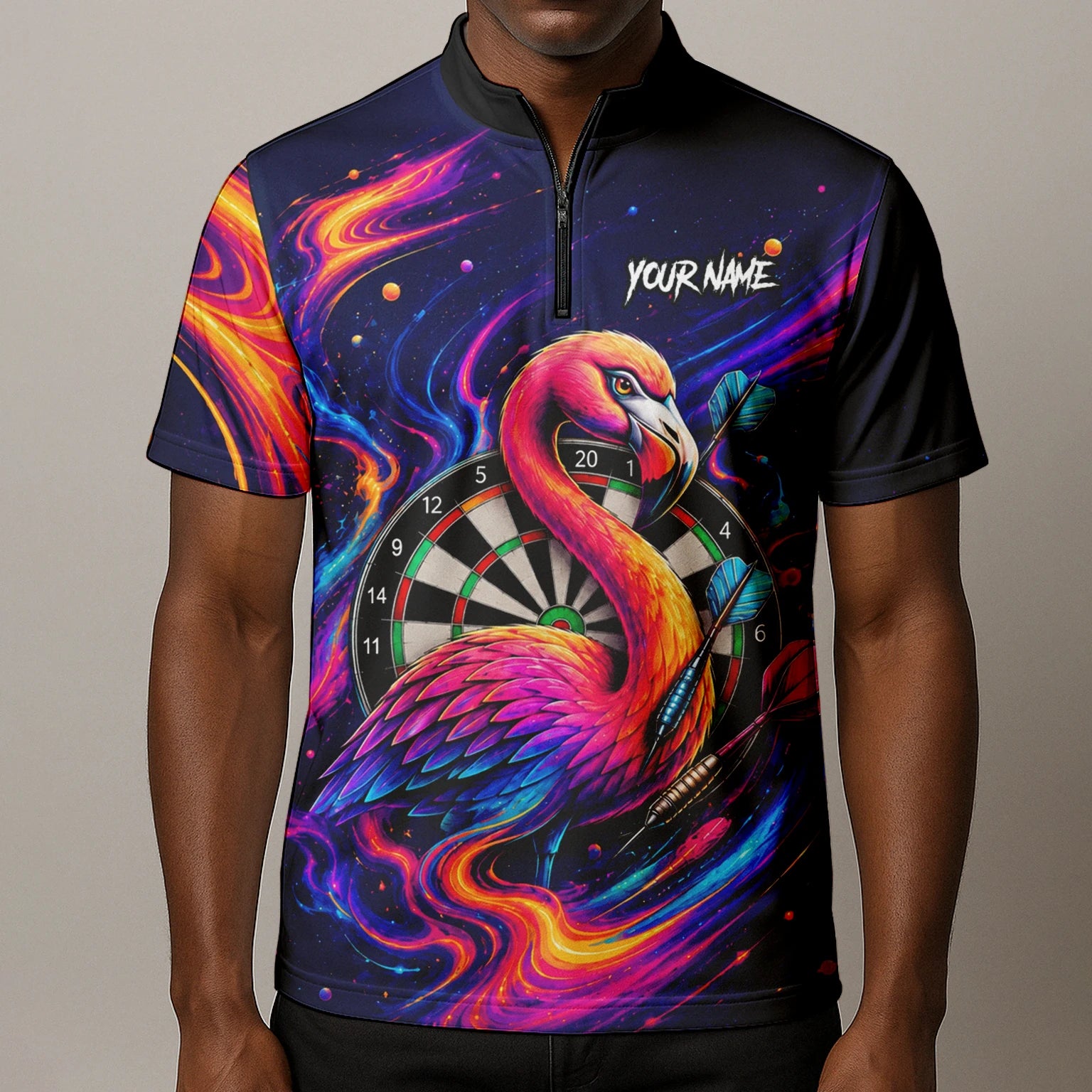 Personalised Neon Flamingo Galaxy Darts Polo Shirt For Men D064