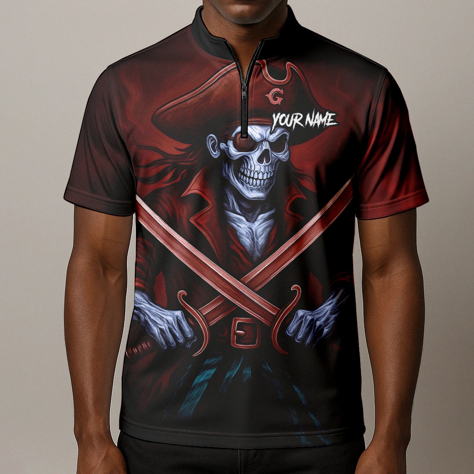 Personalised Red & Black Pirate Skull Crossed Swords Darts Shirt For Men TR8209