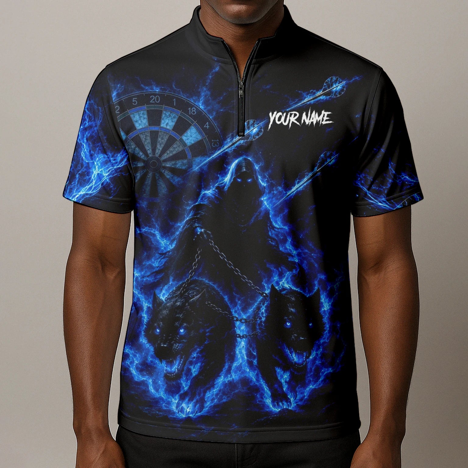 Personalised Black & Blue Grim Reaper and Wolves Darts Shirt For Men X871