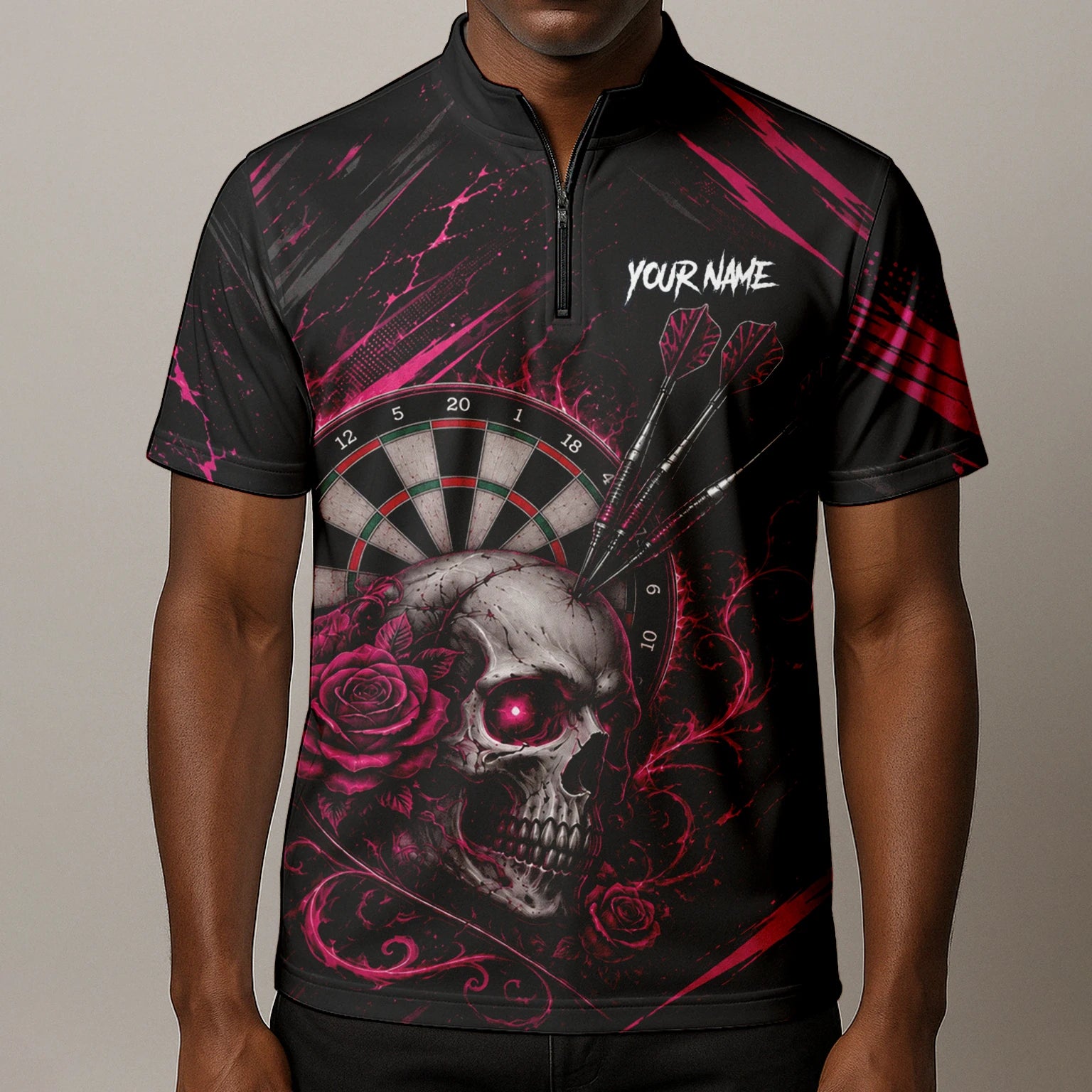 Personalised Black & Pink Skull and Roses Darts Shirt For Men V308