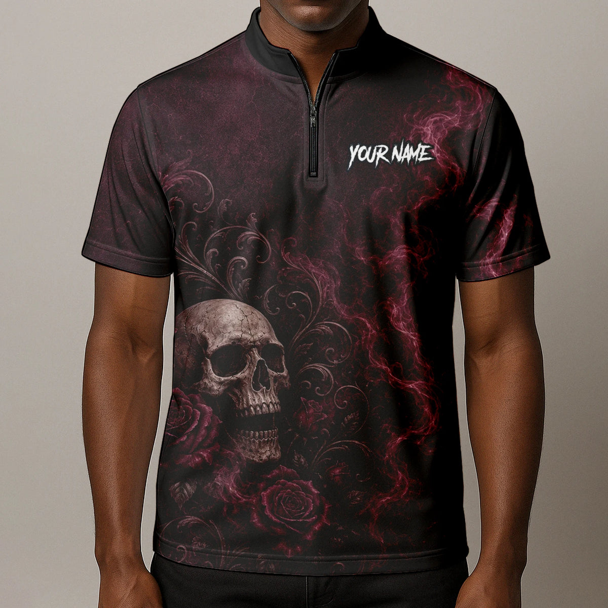 Personalised Burgundy & Black Skull Rose Darts Shirt For Men U786