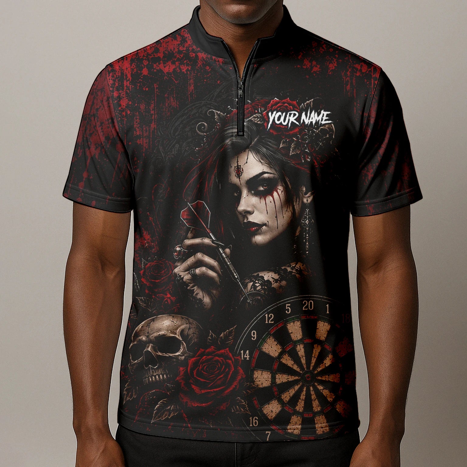 Personalised Black & Red Gothic Woman Skull Darts Shirt For Men W035