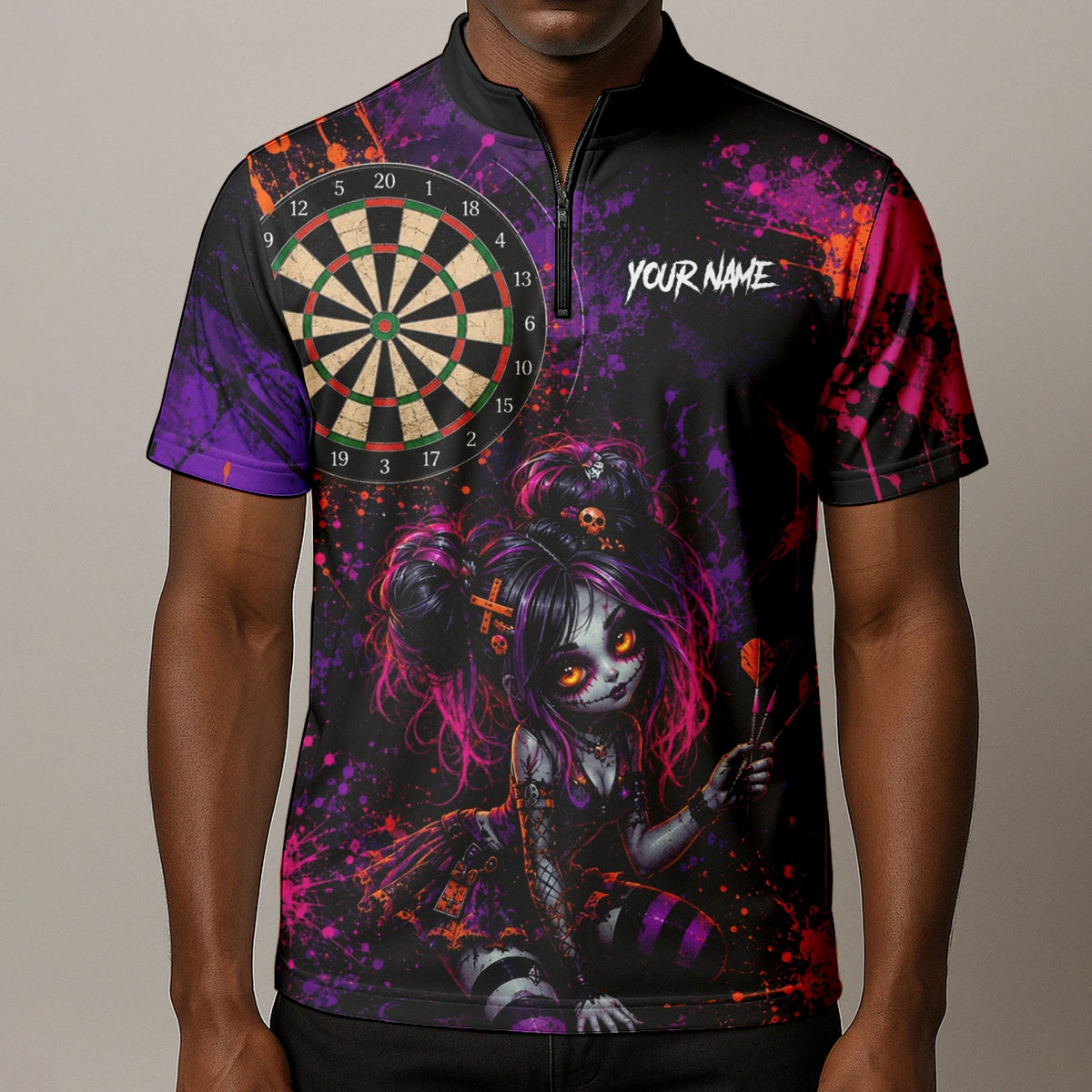 Personalised Black Purple Pink & Orange Gothic Darts Shirt For Men Z641