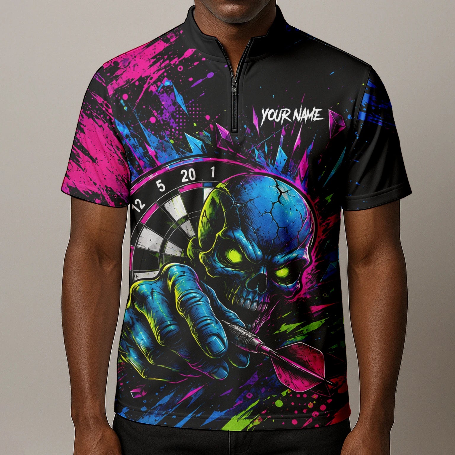 Personalised Neon Blue Green & Pink Skull Dartboard Darts Shirt For Men S232