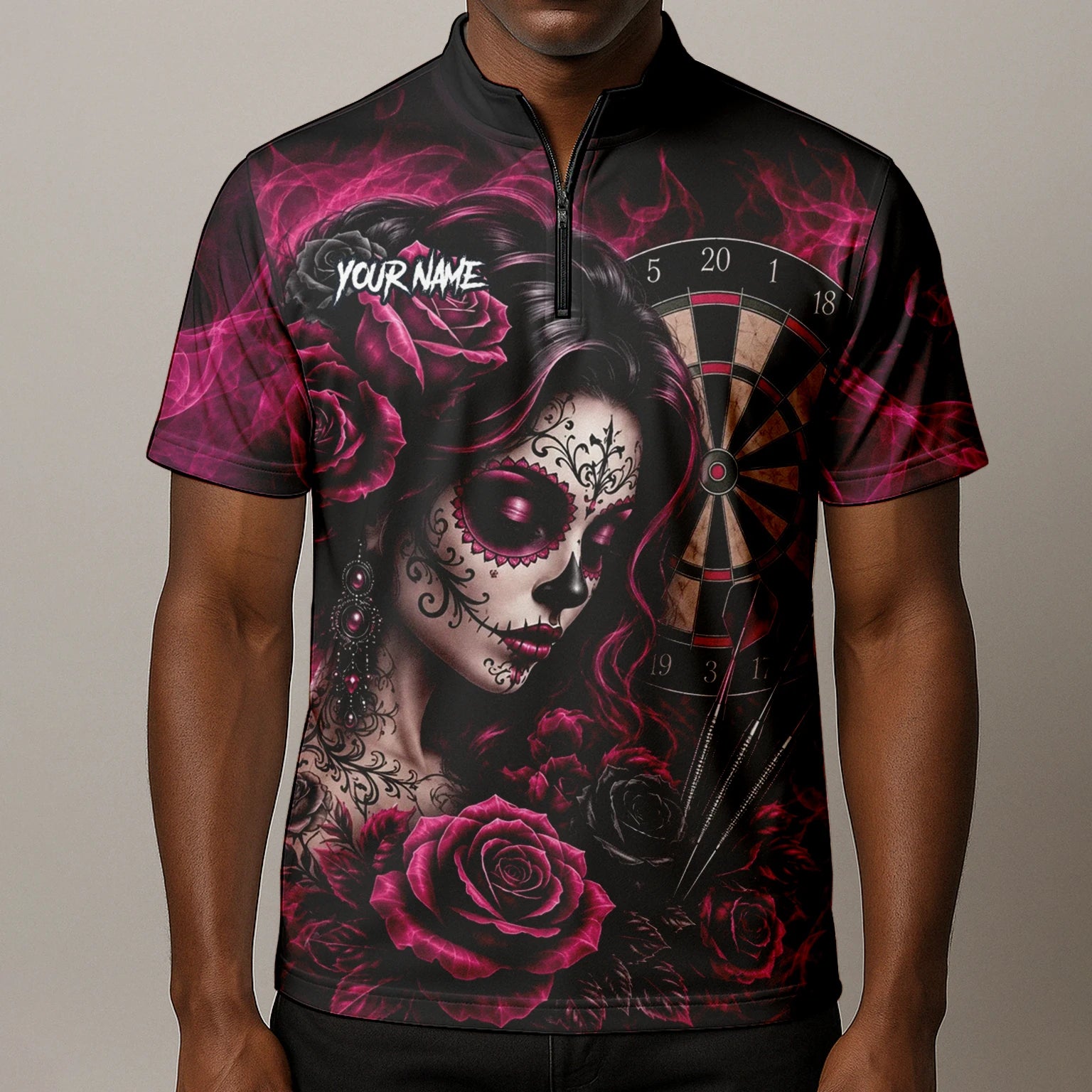 Personalised Black & Pink Sugar Skull Roses Darts Shirt For Men Z109