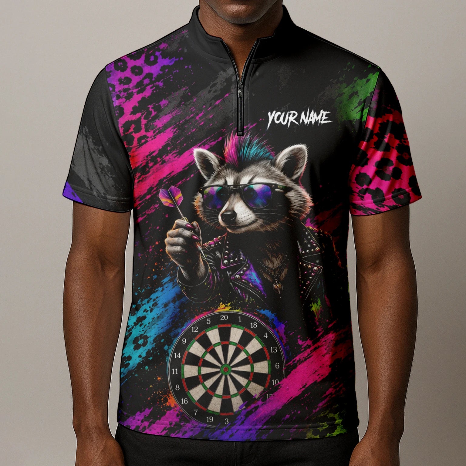 Personalised Black Multicolour Punk Raccoon Dartboard Darts Shirt For Men E164