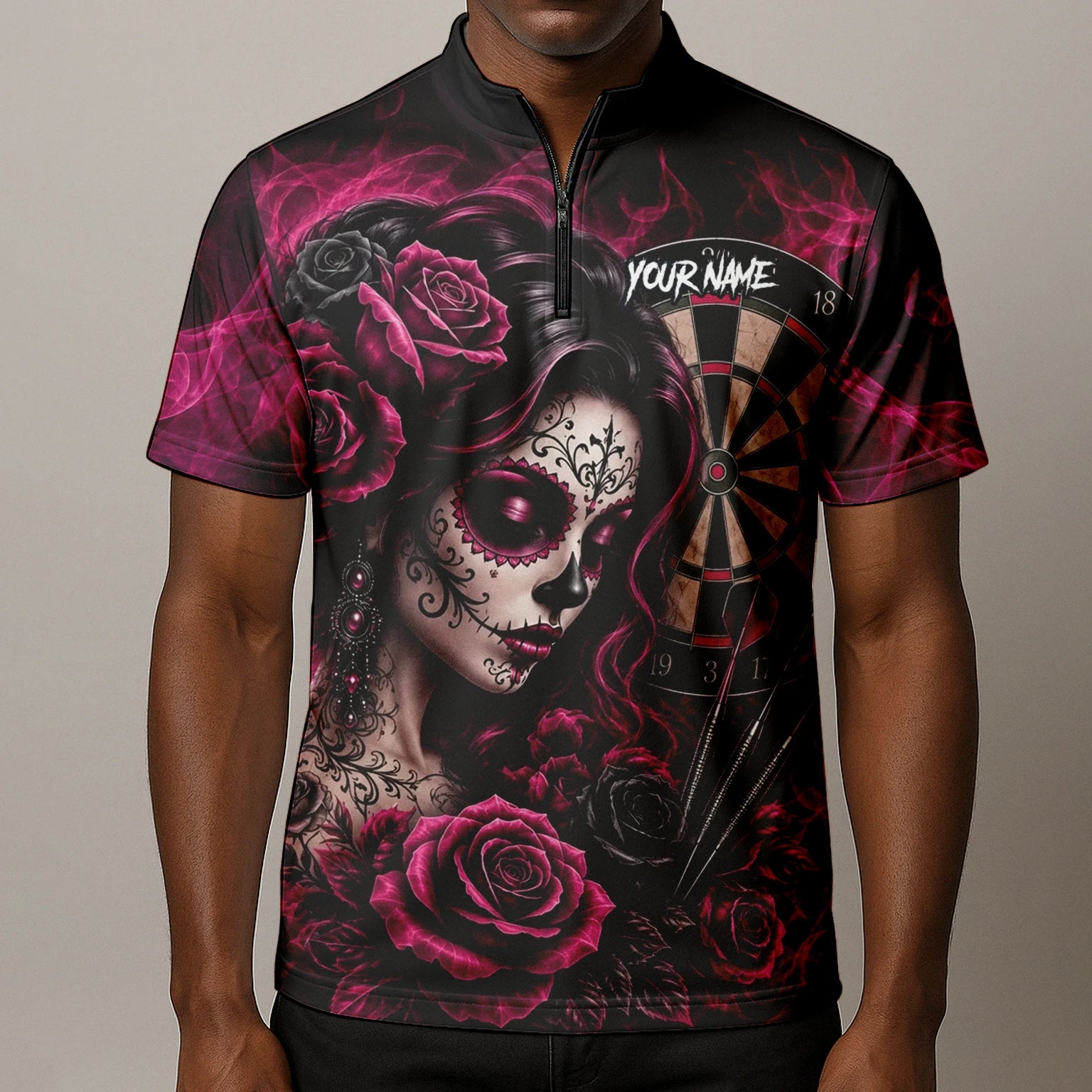 Personalised Black & Pink Sugar Skull Roses Darts Shirt For Men Z109