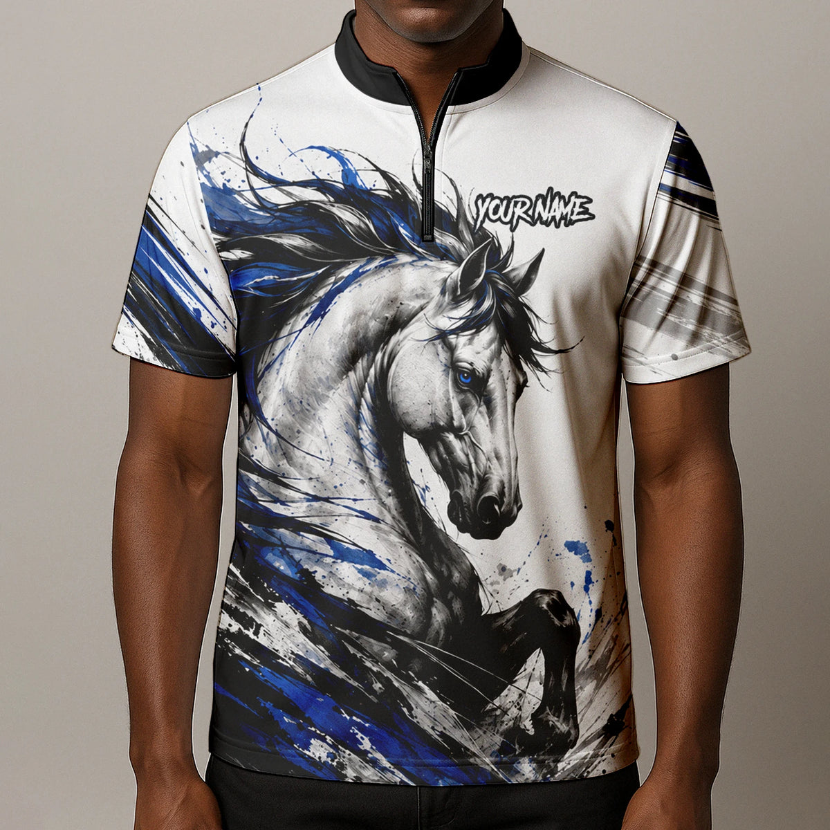 Personalised White Black Blue Rearing Horse Darts Shirt For Men O686