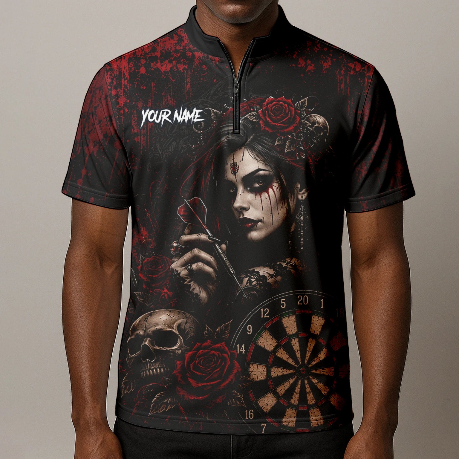 Personalised Black & Red Gothic Woman Skull Darts Shirt For Men W035