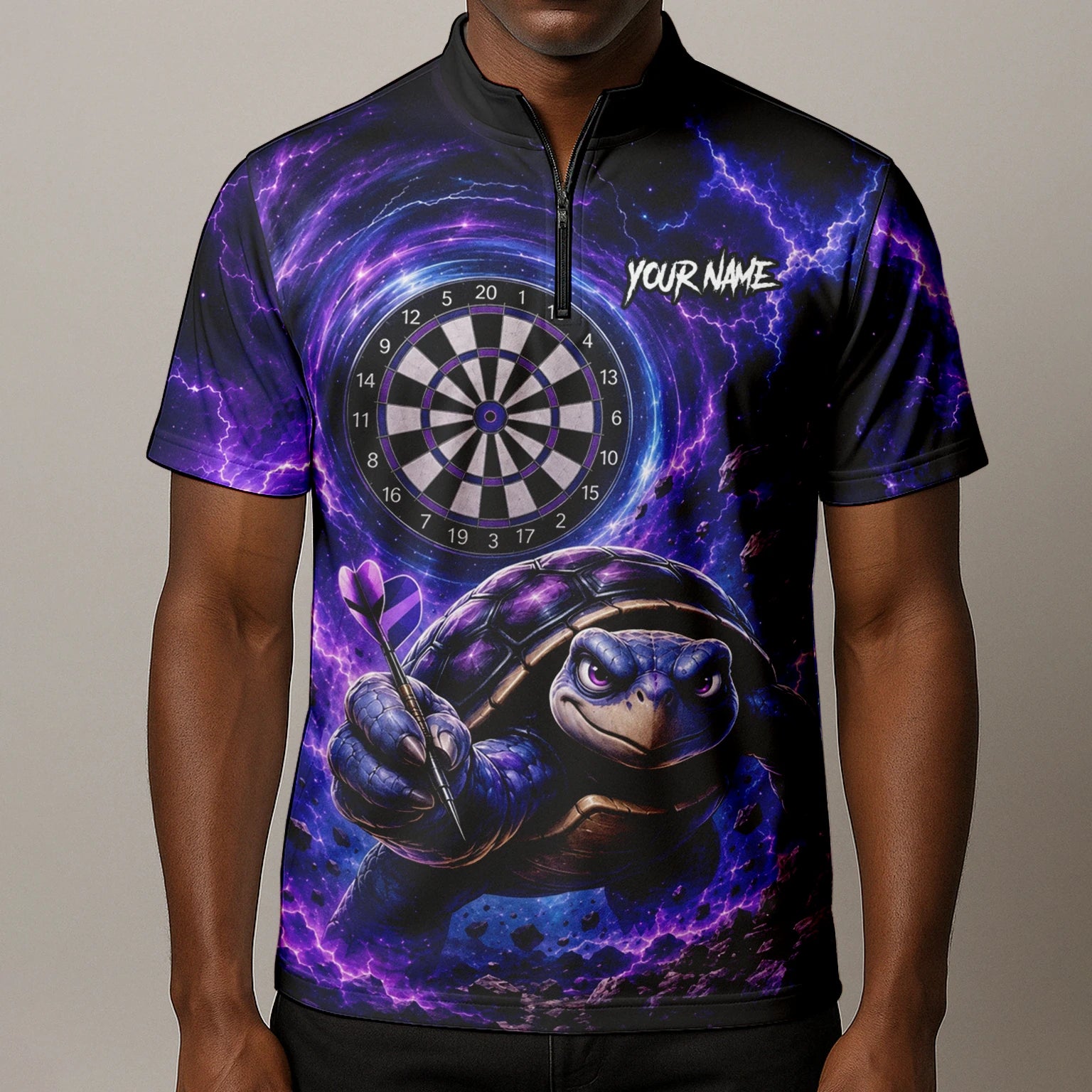 Personalised Purple & Black Turtle Playing Darts Shirt For Men F796