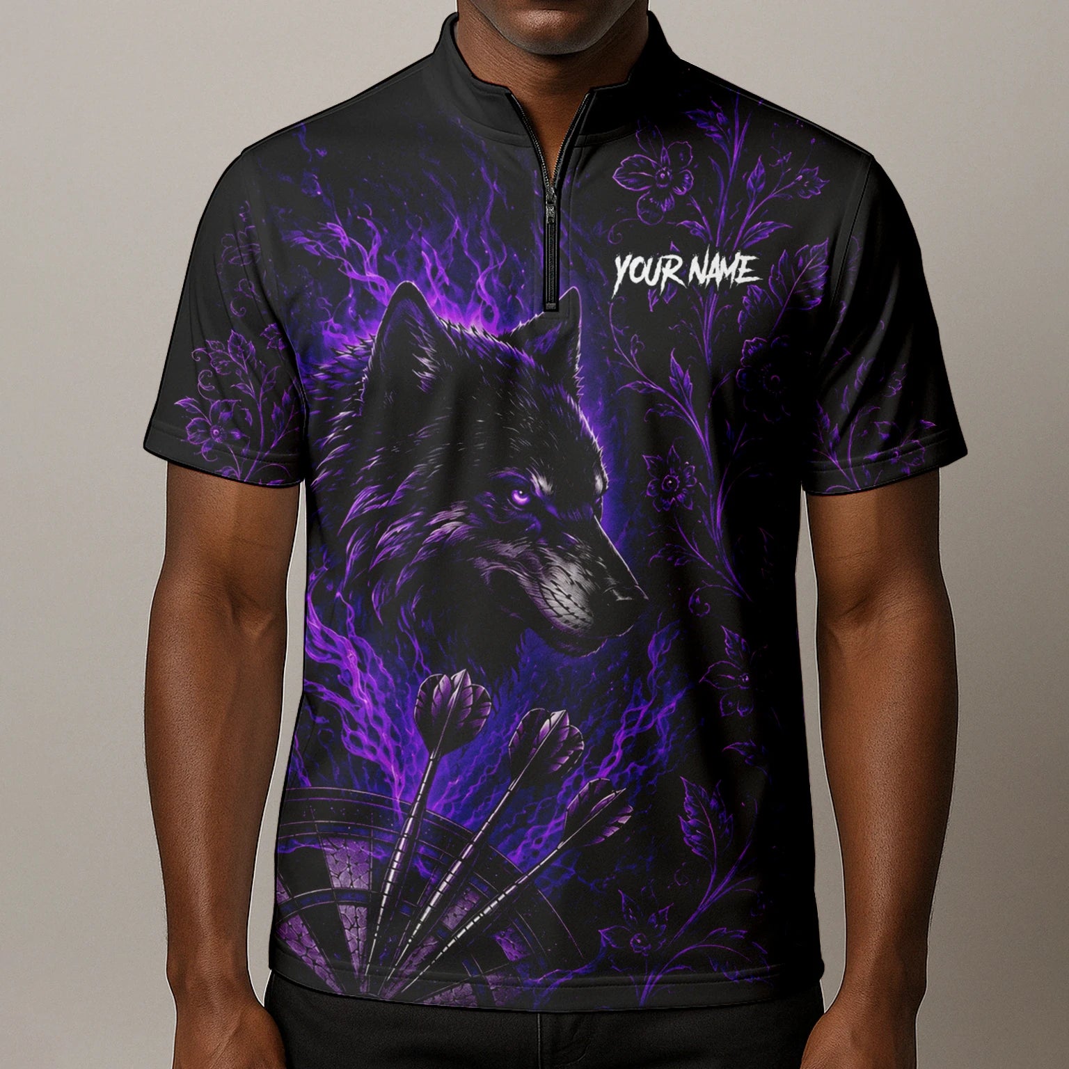 Personalised Black & Purple Wolf Dartboard Darts Shirt For Men J133