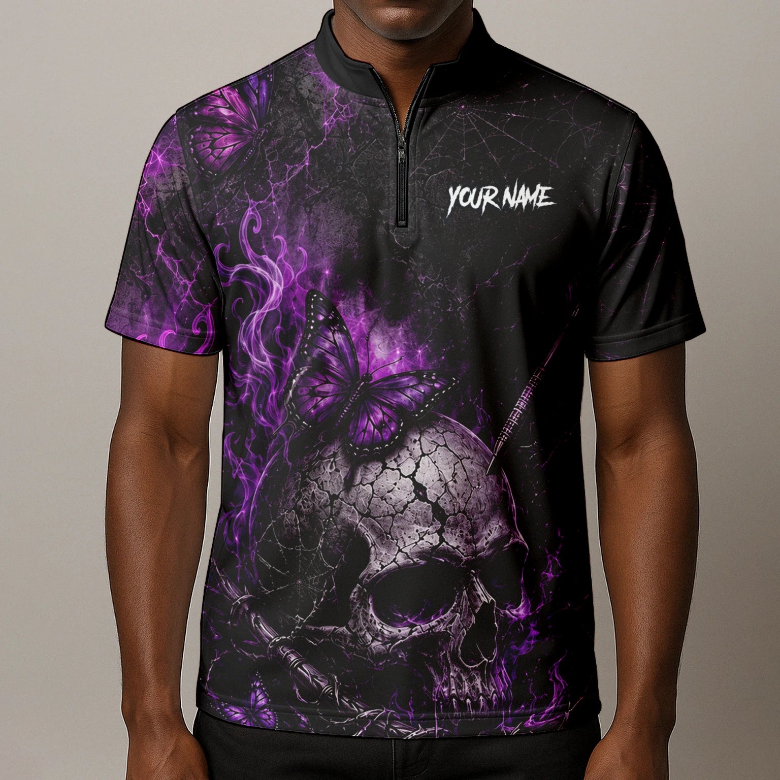 Personalised Black & Purple Skull Butterfly Darts Shirt For Men Q241