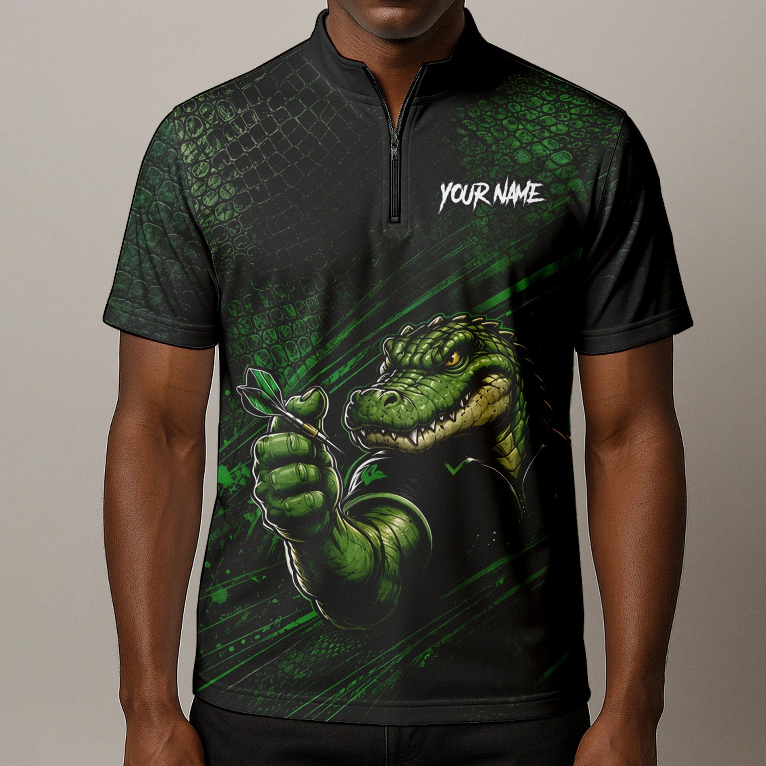 Personalised Black & Green Crocodile Darts Player Shirt For Men I987