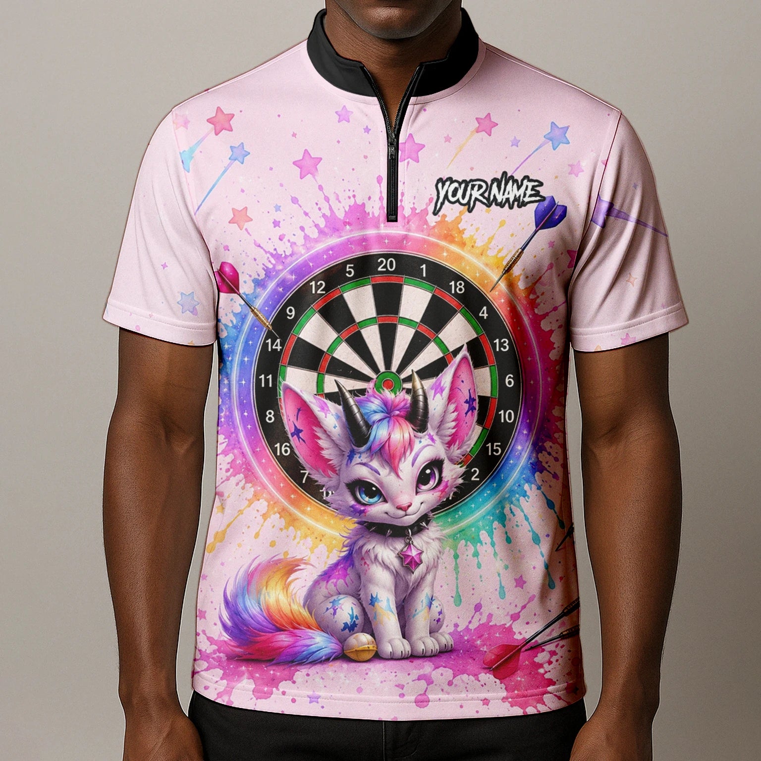 Personalised Pink & Rainbow Fantasy Cat Unicorn Darts Shirt For Men X398