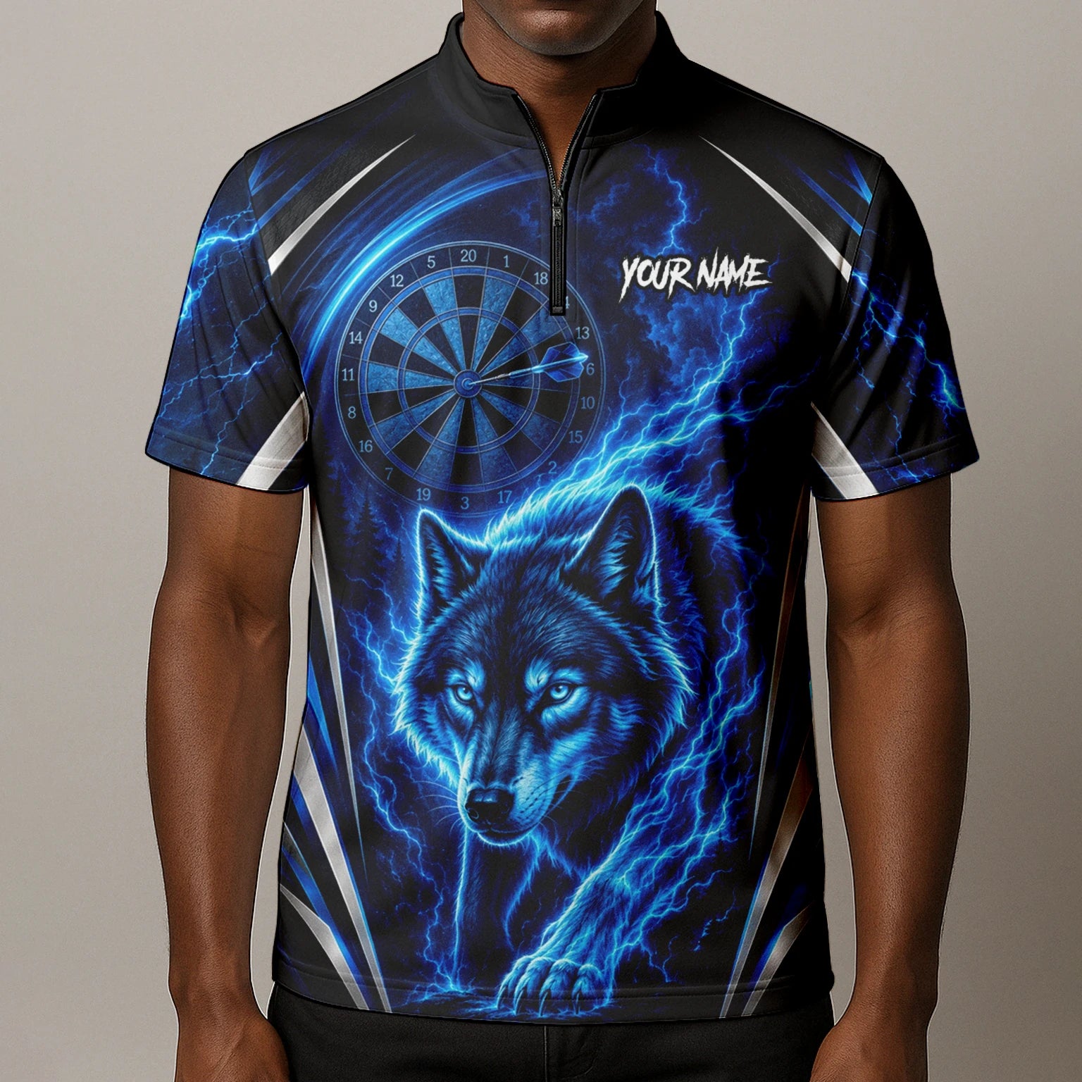 Personalised Black & Blue Wolf Lightning Darts Shirt For Men X929