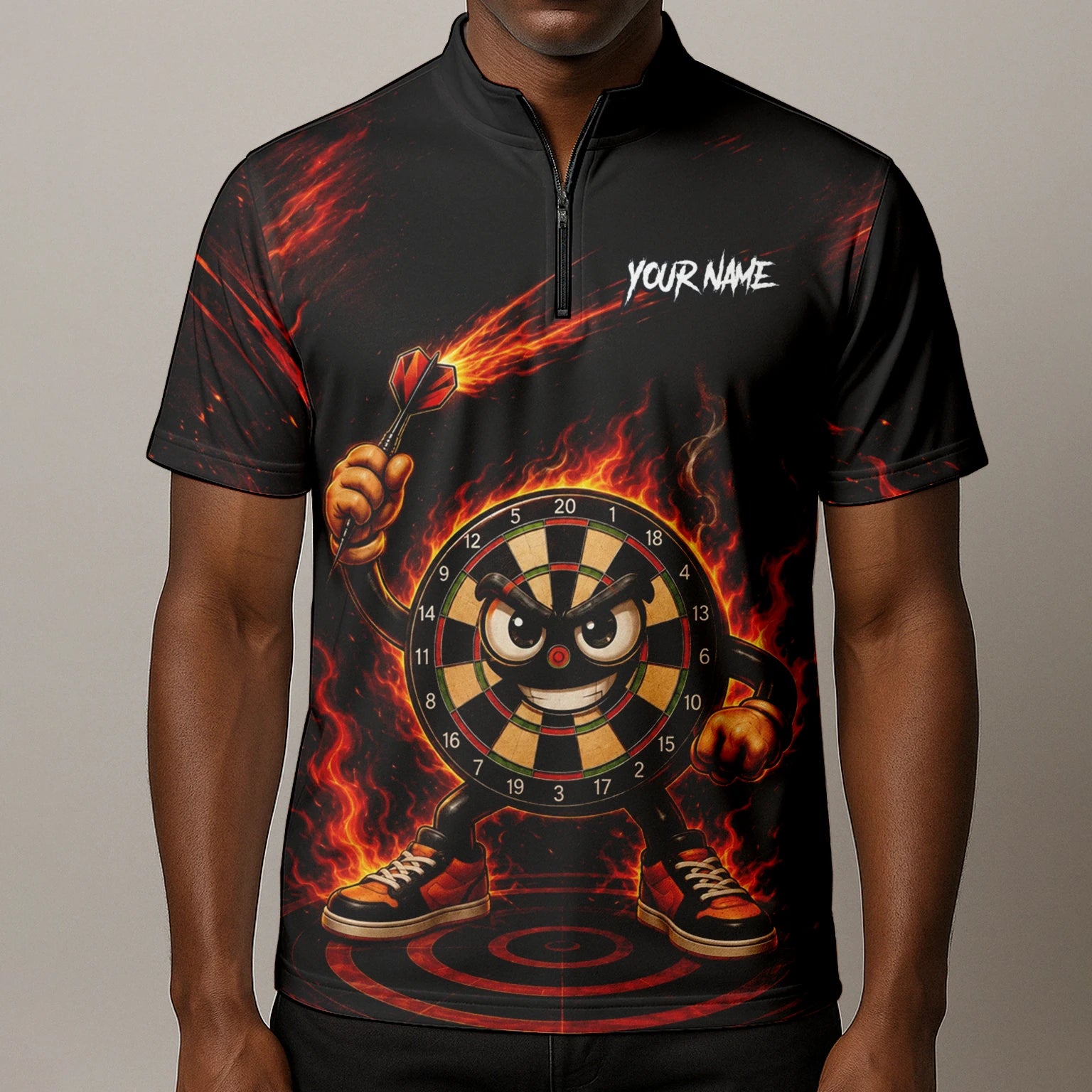 Personalised Black & Red Fiery Dartboard Character Darts Shirt For Men W224