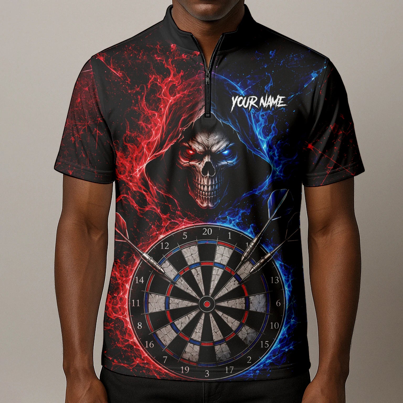 Personalised Red & Blue Split Skull Darts Polo Shirt For Men L857