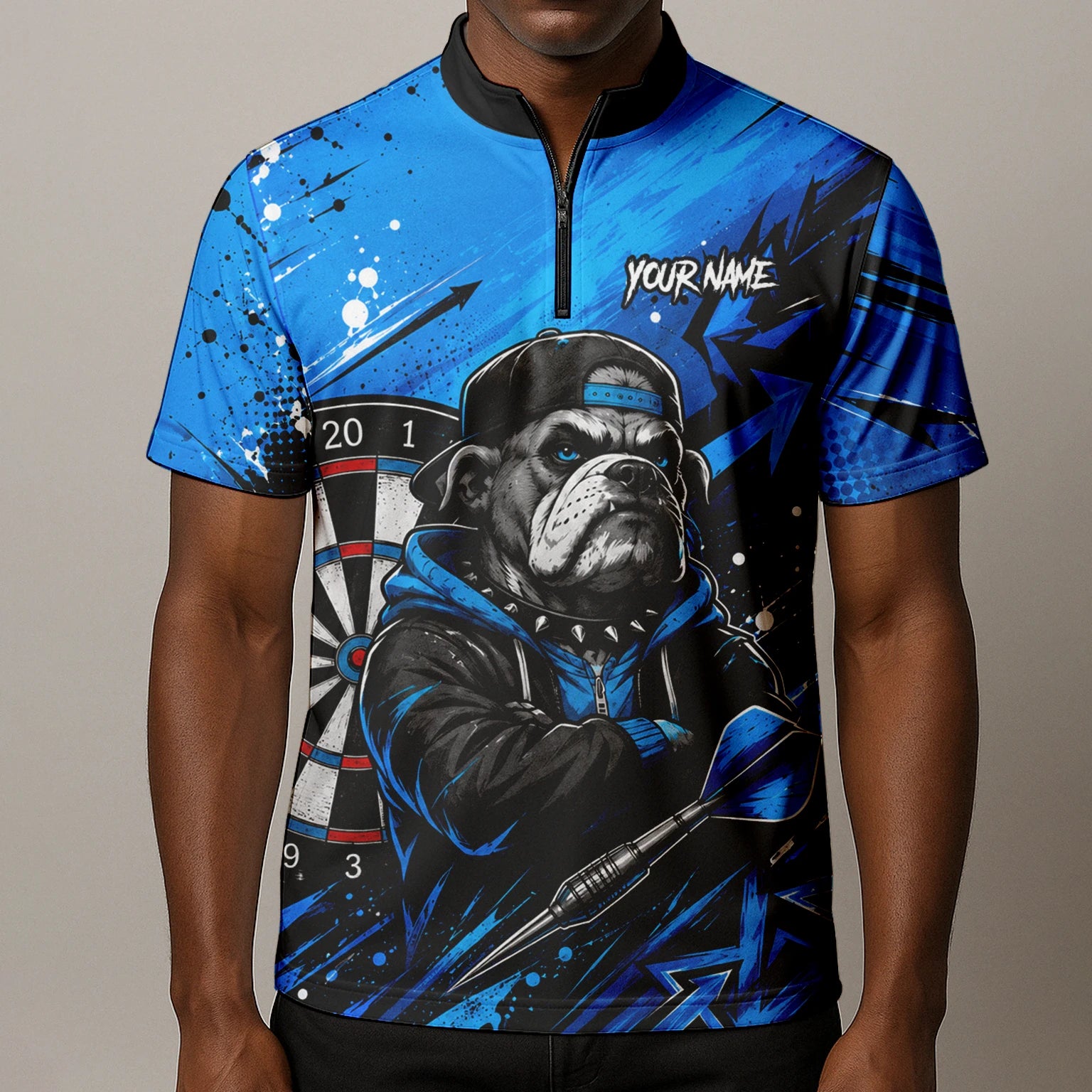 Personalised Blue & Black Bulldog Darts Shirt For Men D529