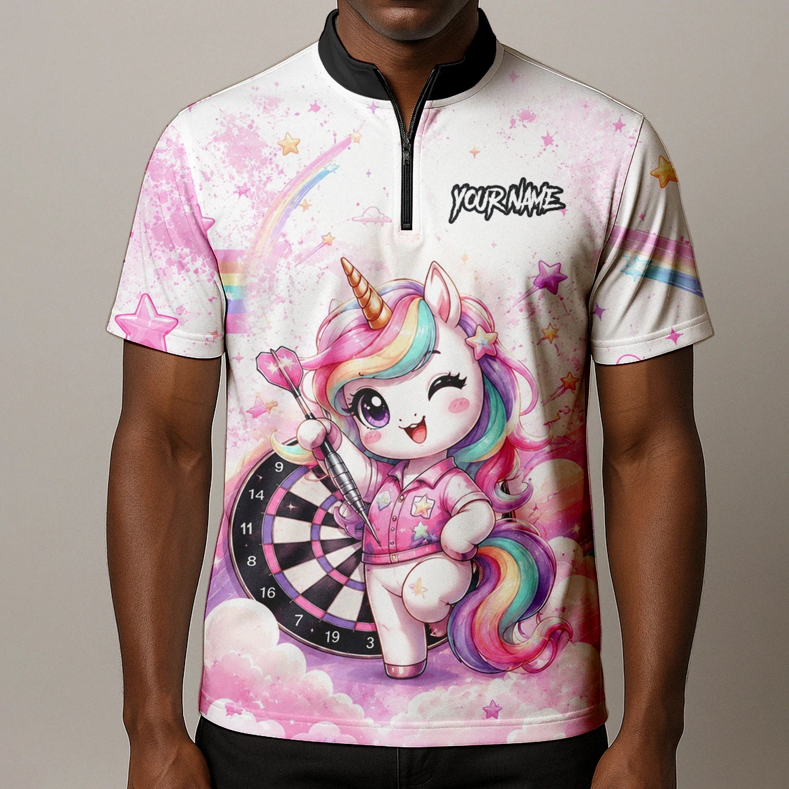 Personalised Pink & White Rainbow Unicorn Darts Shirt For Men F188