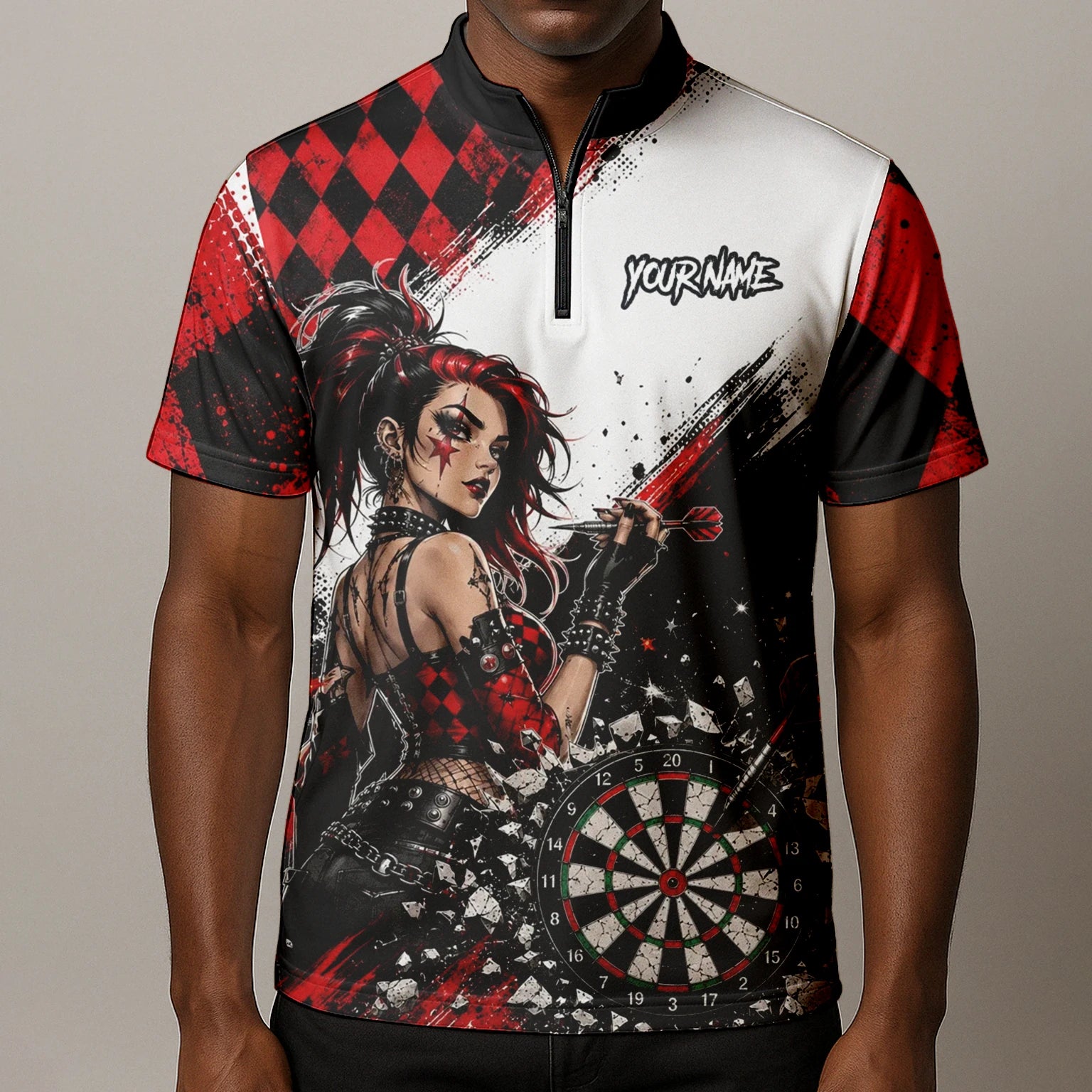 Personalised Red & Black Gothic Harlequin Darts Polo Shirt For Men K572