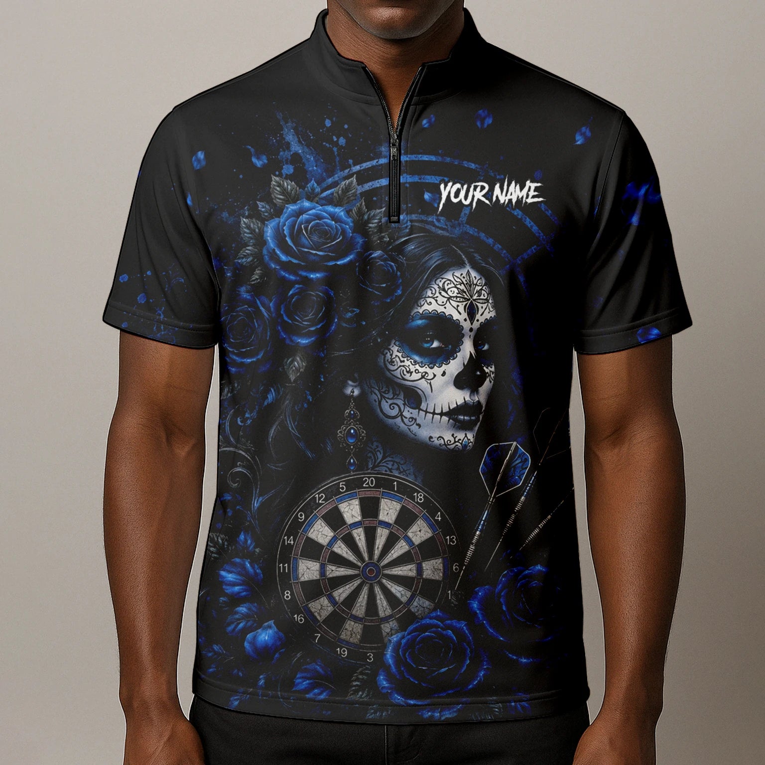 Personalised Black & Blue Sugar Skull Roses Darts Shirt For Men I884