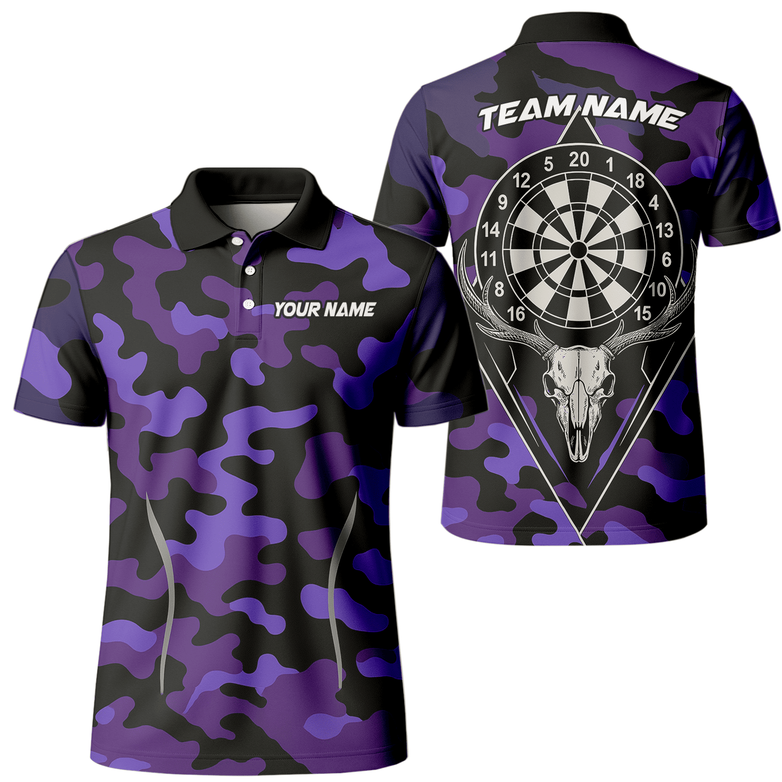 Personalized Purple Black Camo Dart Jersey Skull Dartboard For Men W1705 main image - polo No
