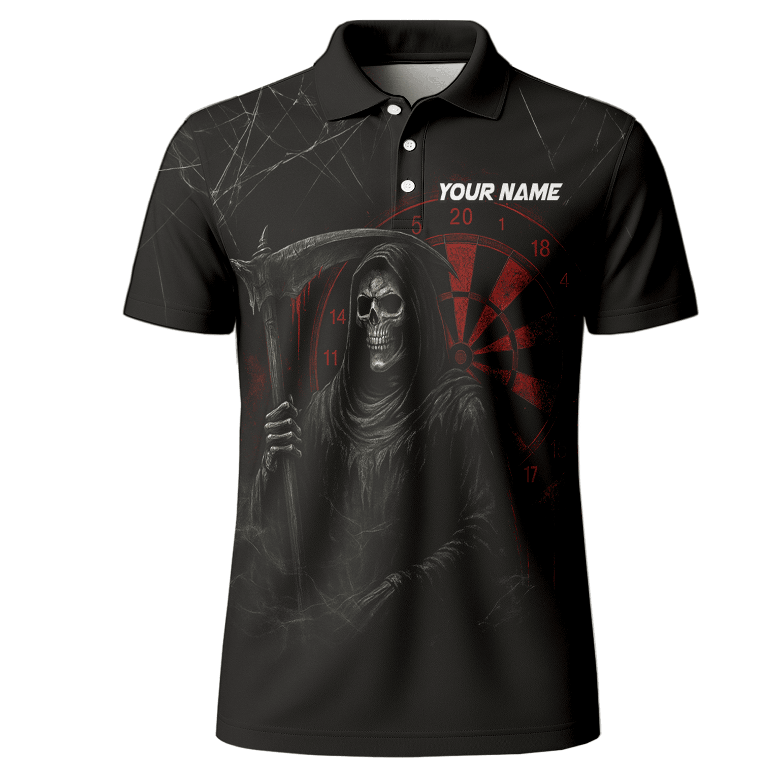 Personalized Grim Reaper Dart Polo Shirt Black Red Cracked For Men X1942 additional image 2