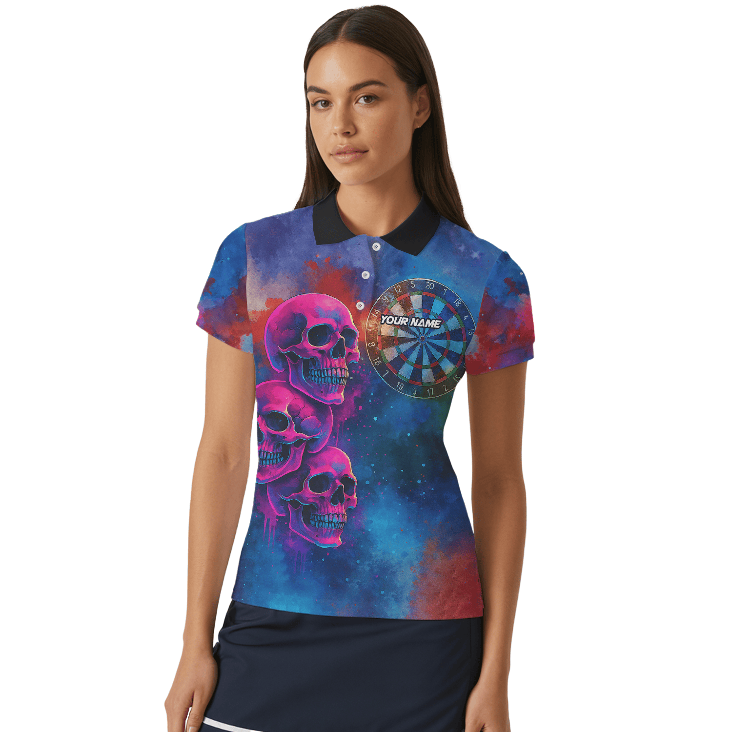 Personalized Pink Skull Darts Polo Shirt For Women Custom Name Team Blue Grunge X1960 additional image 4