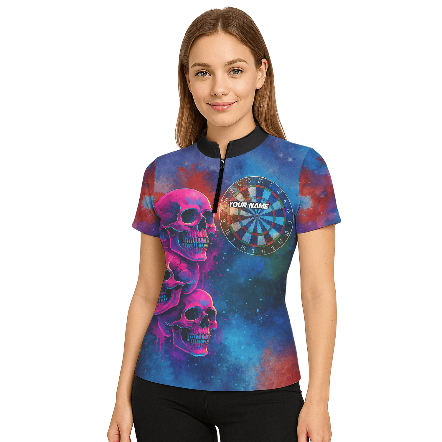 Personalized Pink Skull Darts Polo Shirt For Women Custom Name Team Blue Grunge X1960 additional image 5
