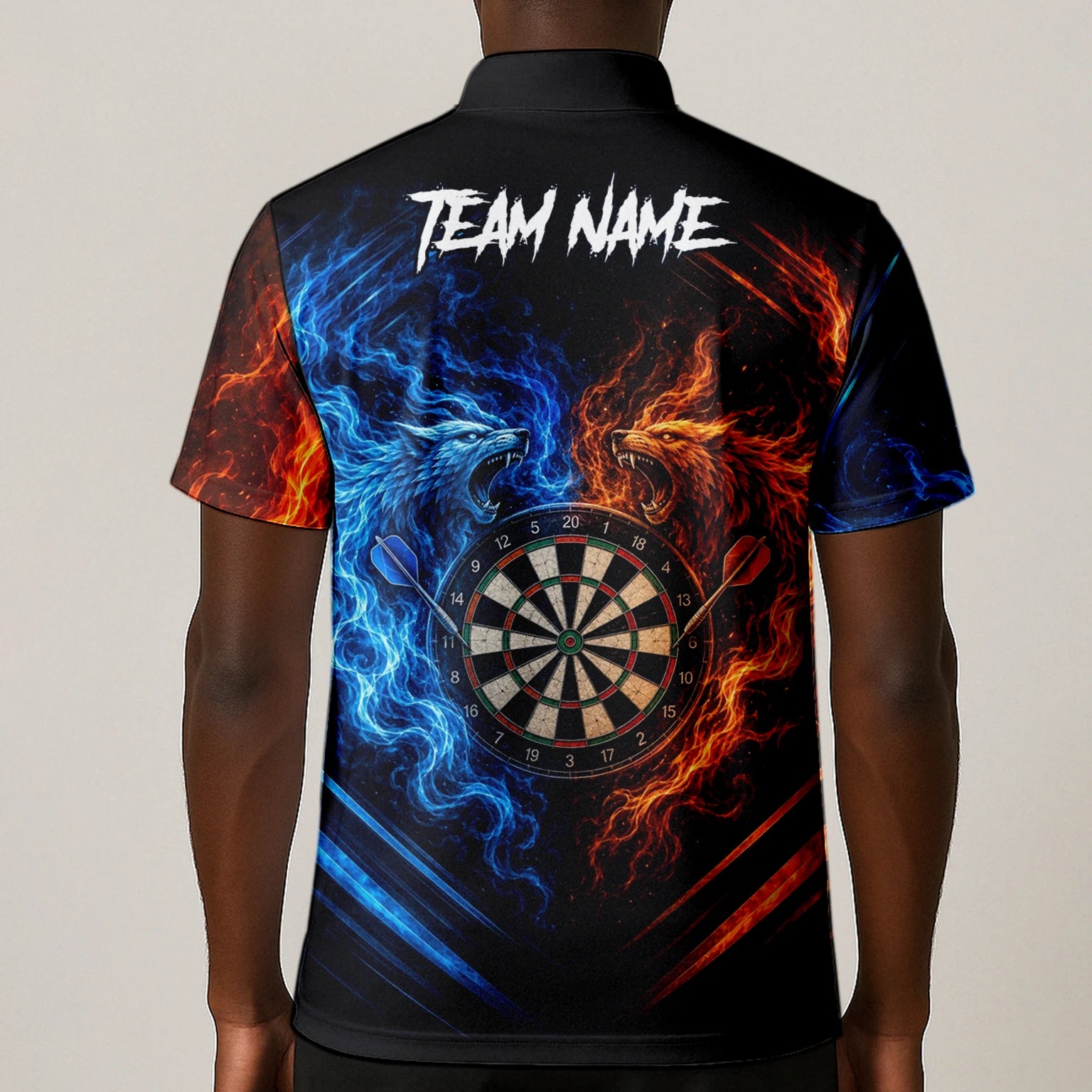 Personalised Blue & Orange Wolf Flame Dartboard Darts Shirt For Men A749
