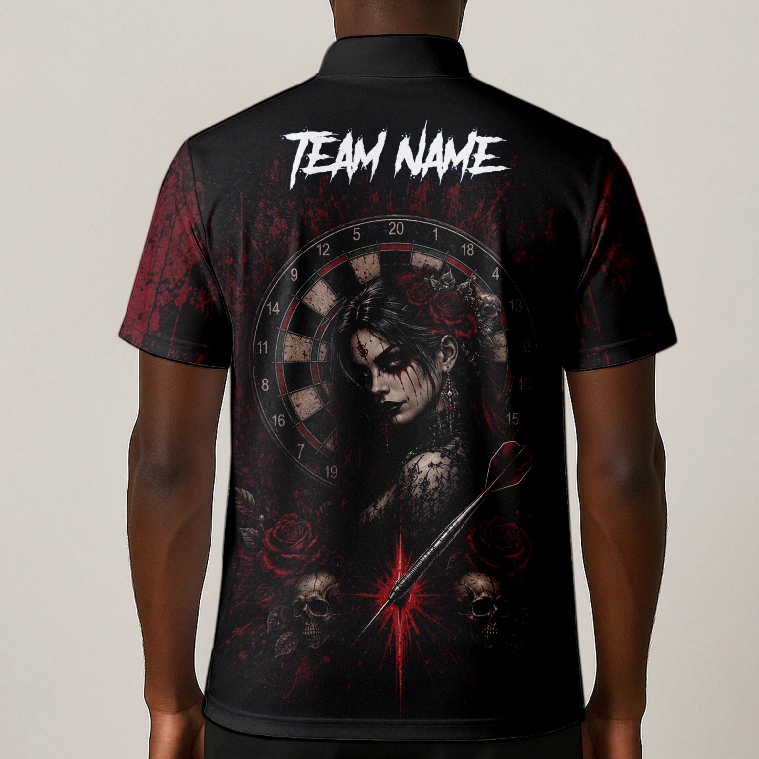 Personalised Black & Red Gothic Woman Skull Darts Shirt For Men W035